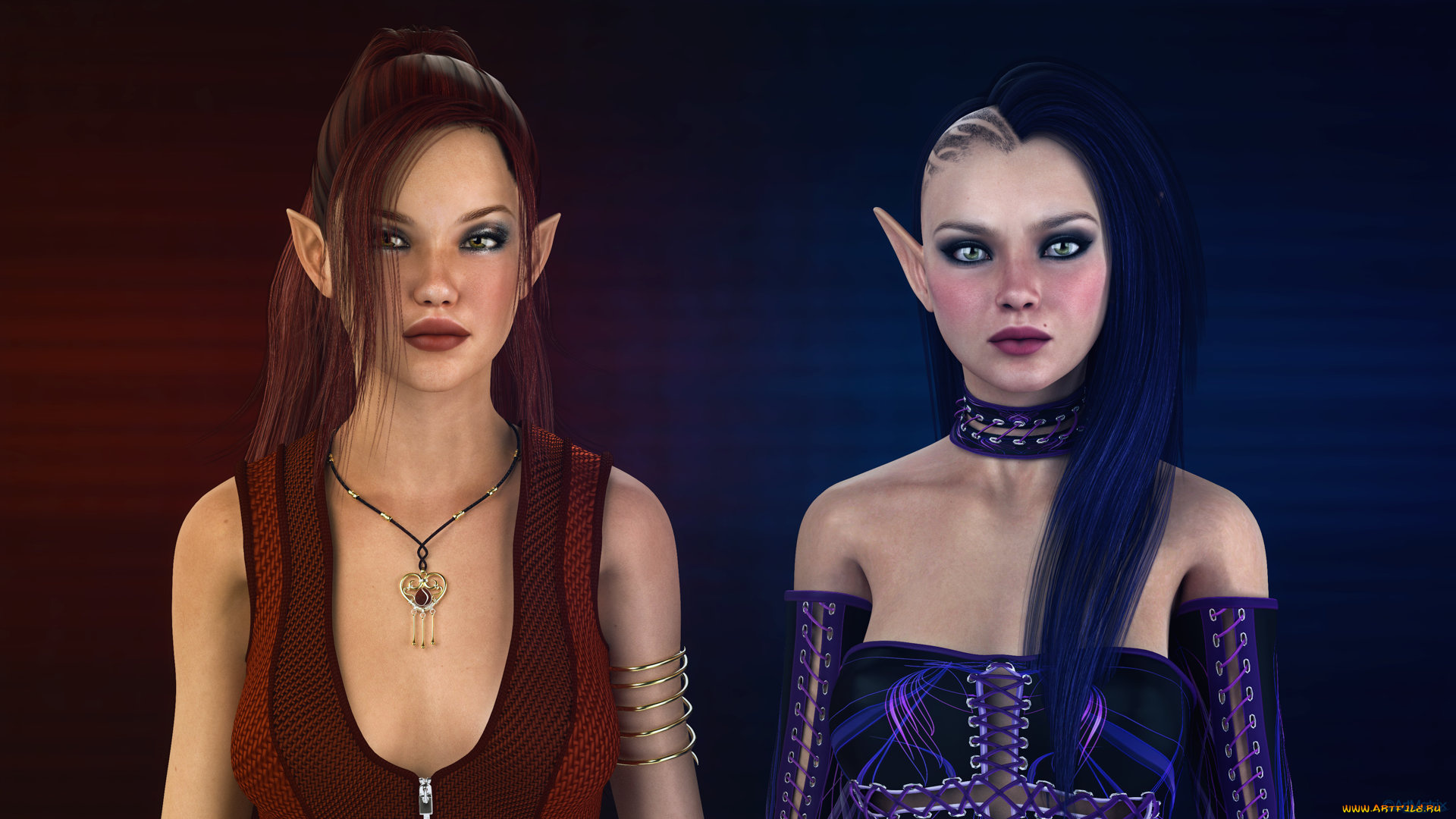 3д, графика, эльфы, , elves, фон, взгляд, эльфийки