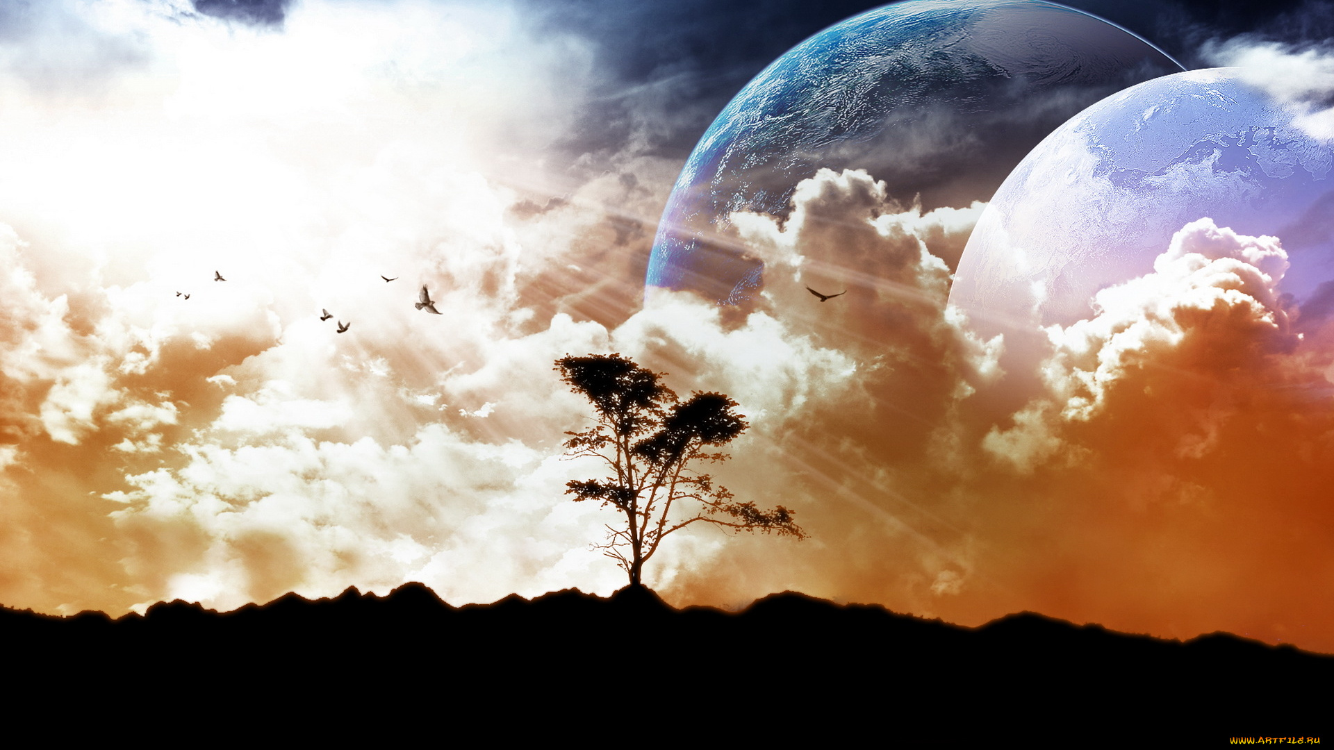 разное, компьютерный, дизайн, дерево, птицы, планеты, лучи, тучи, небо