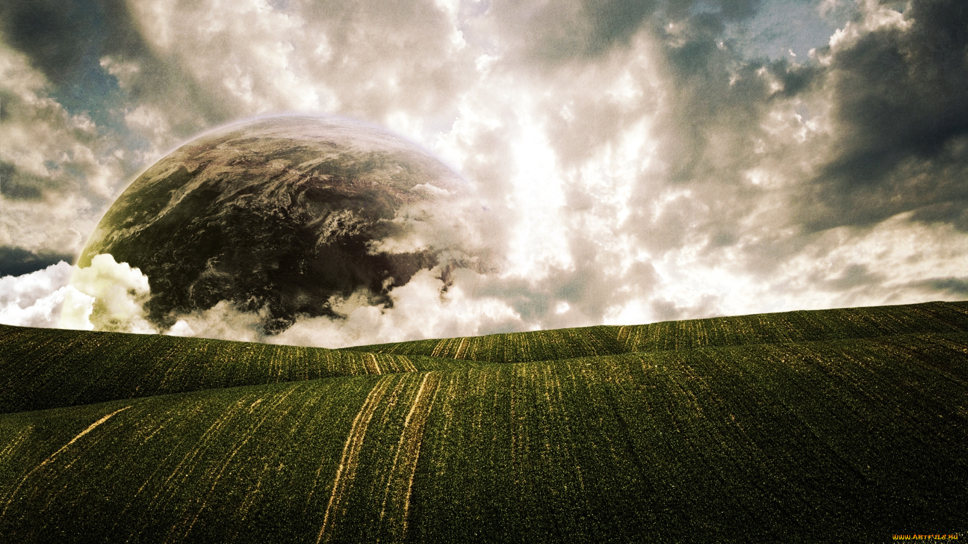 разное, компьютерный, дизайн, поле, планета, облака, небо