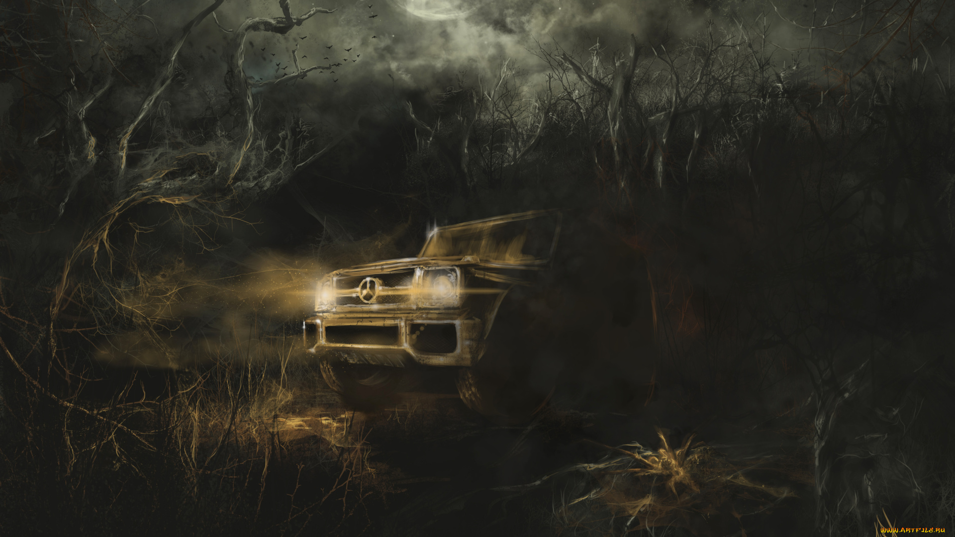 рисованное, авто, мото, лес, ночь, мерседес, машина
