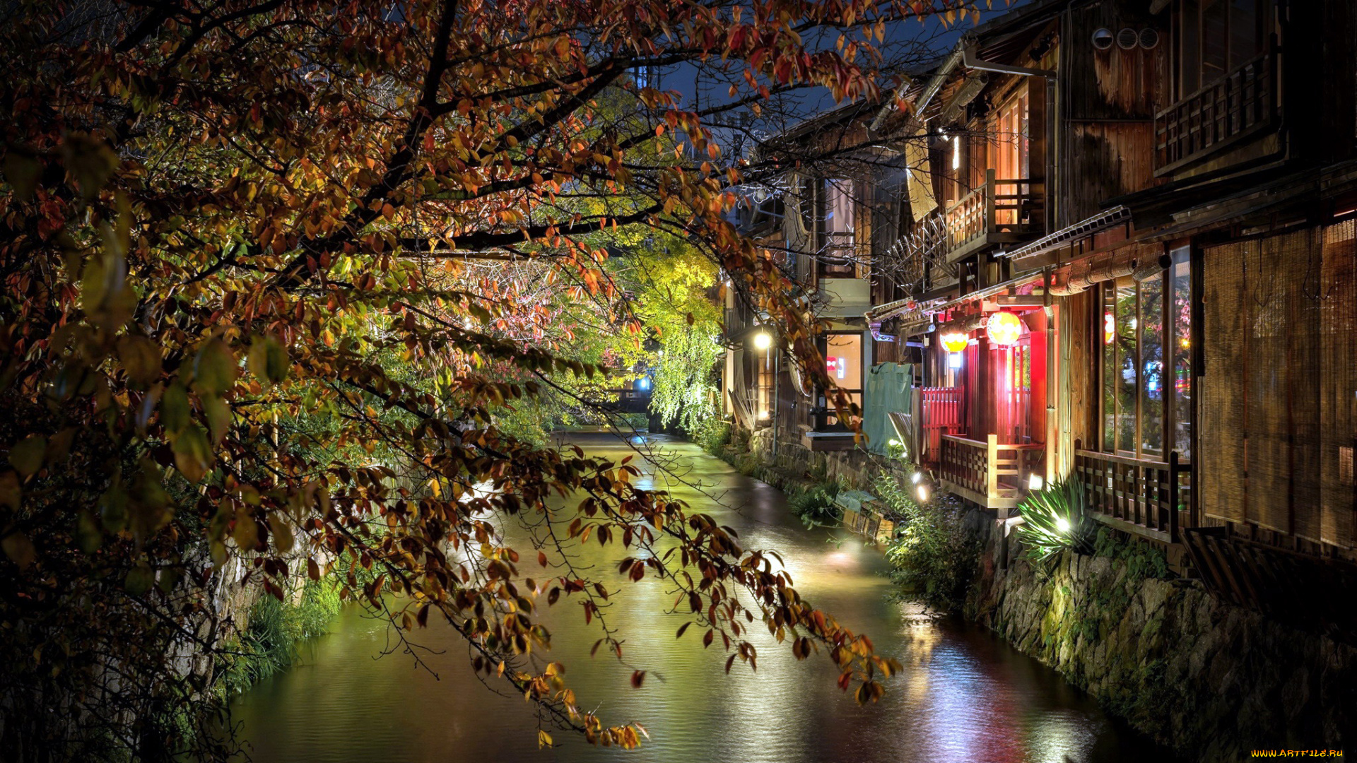 киото, города, киото, , япония, река, дома, ночь, огни