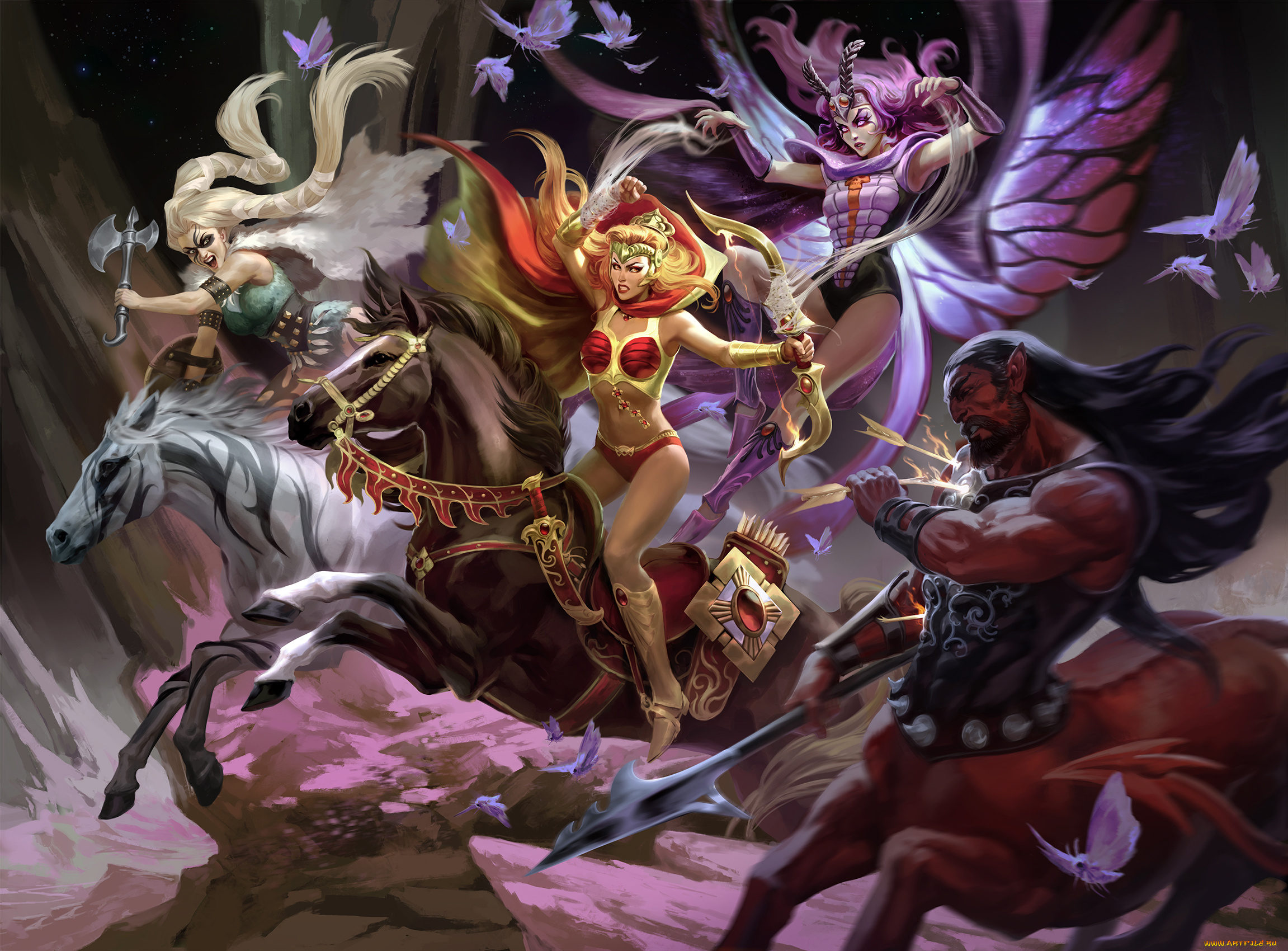 фэнтези, красавицы, и, чудовища, девушки, фон, униформа, конь, оружие, кентавр