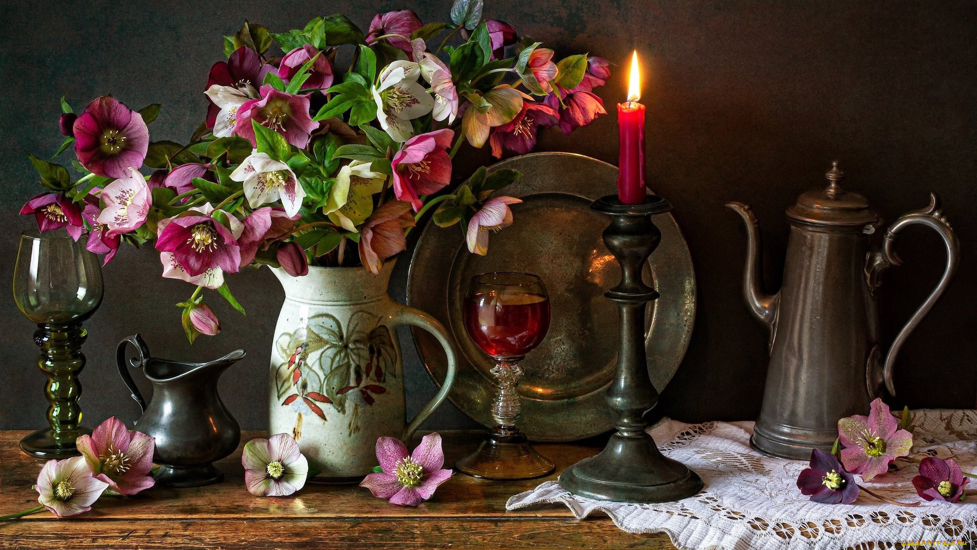 еда, натюрморт, свеча, вино, геллеборус, букет
