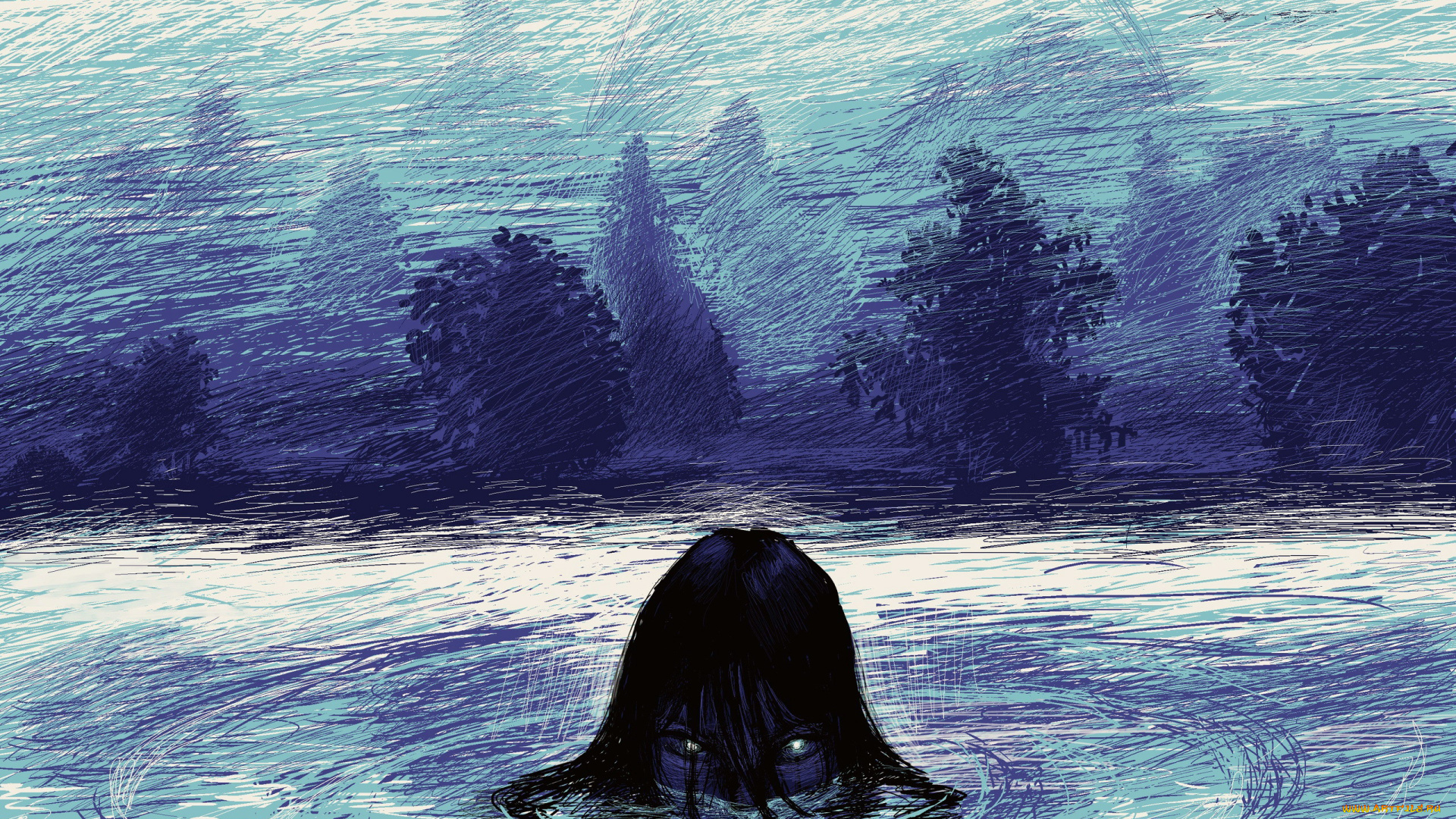 фэнтези, нежить, ночь, озеро, голова