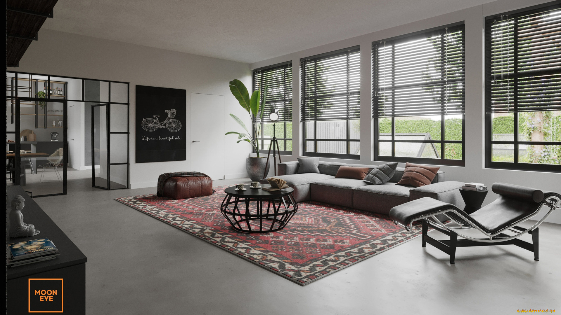 интерьер, гостиная, окна, жалюзи, кресло, диван, столик, ковер