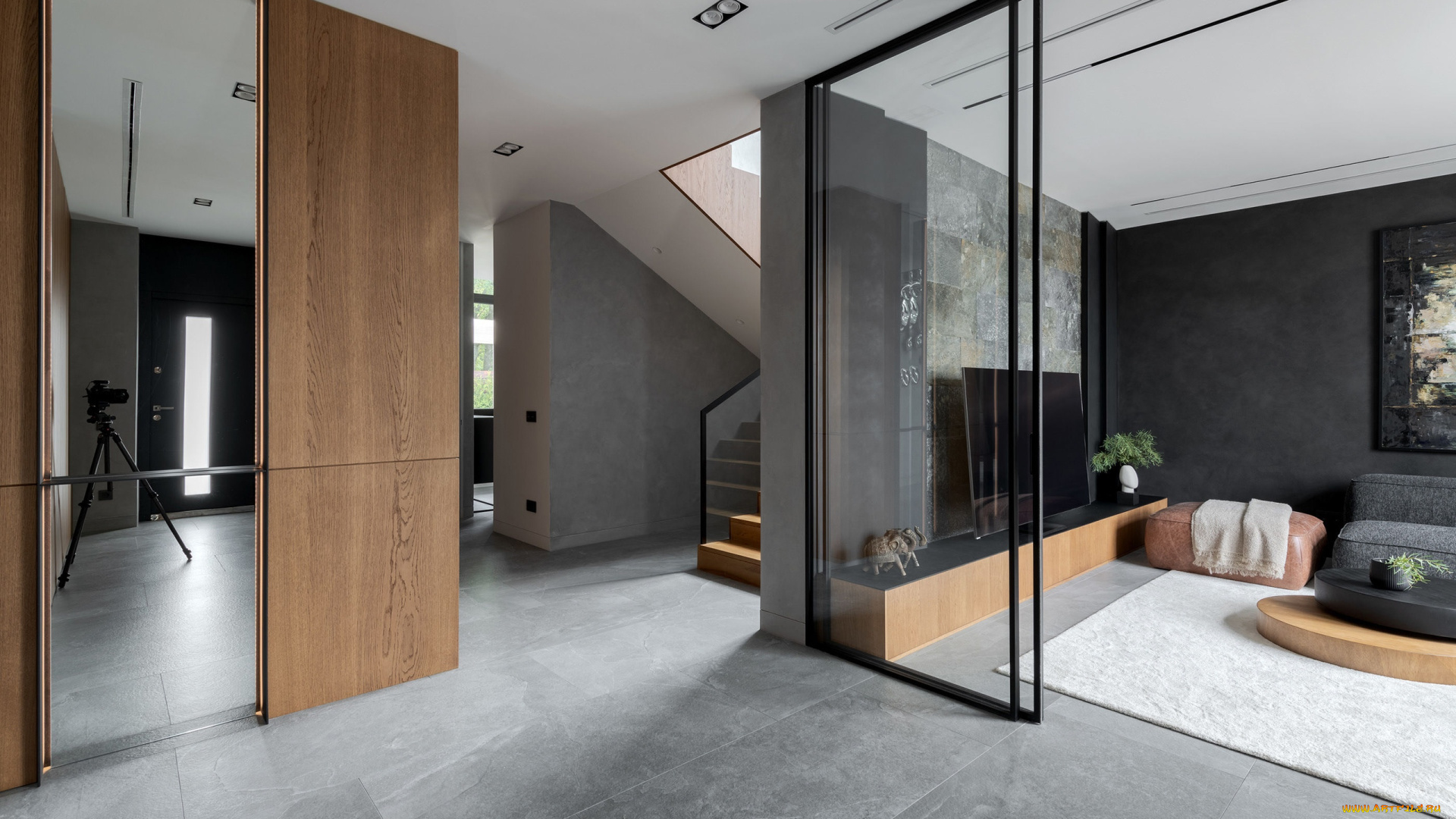 интерьер, гостиная, шкаф, зеркало, лестница, комната