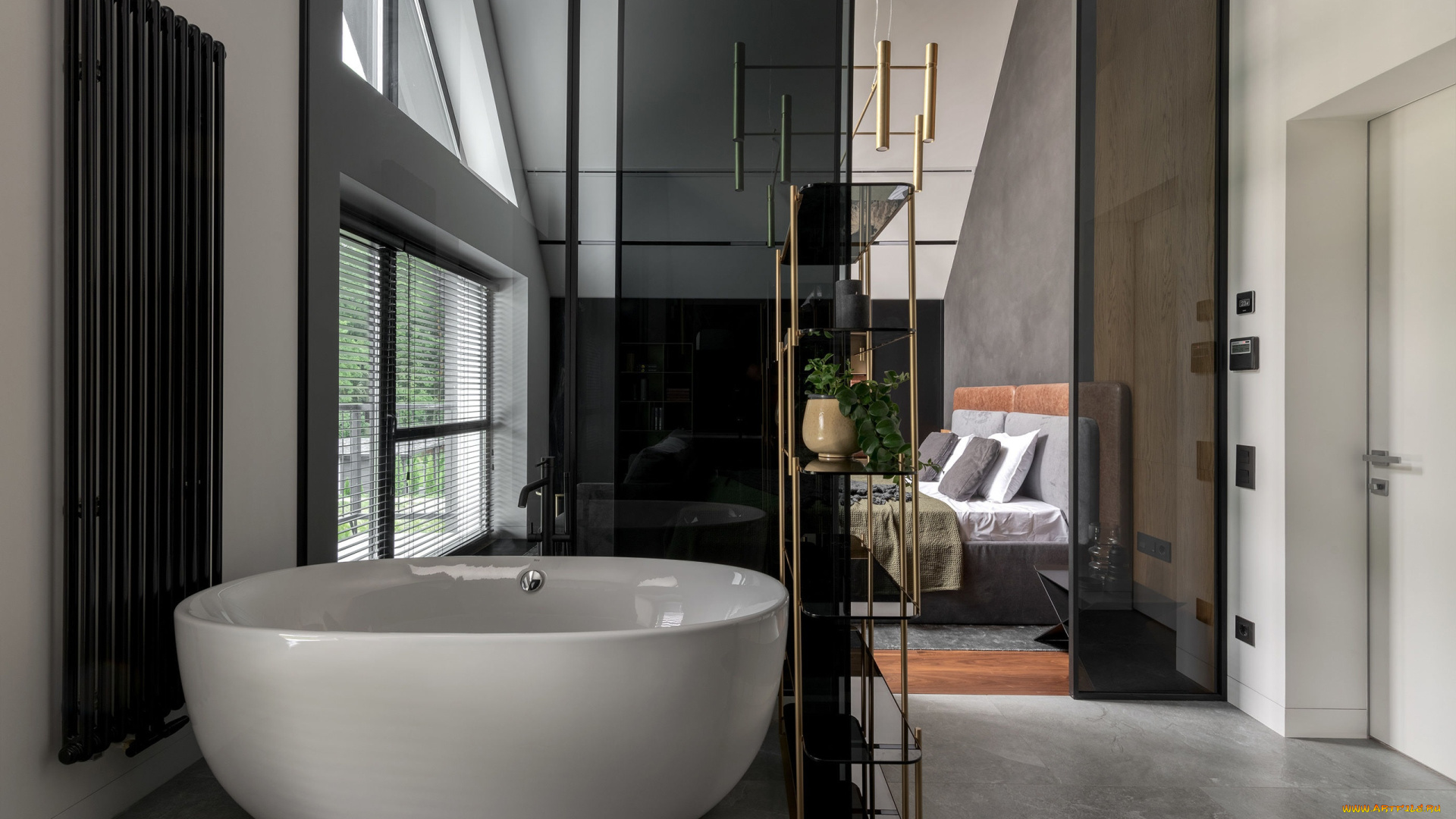 интерьер, ванная, и, туалетная, комнаты, ванна, окно, полки, дверь, кровать