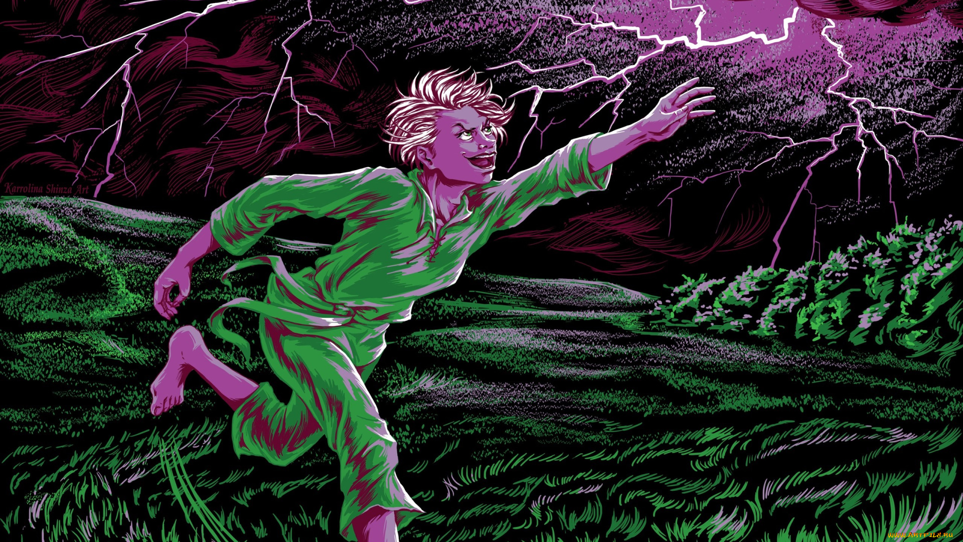 рисованное, люди, человек, бег, гроза, трава, молнии