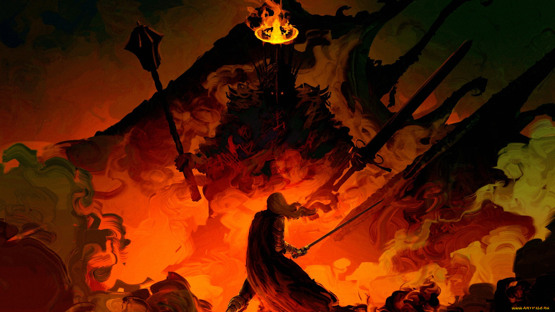 видео, игры, middle-earth, , shadow, of, mordor, монстр, воин, меч, огонь