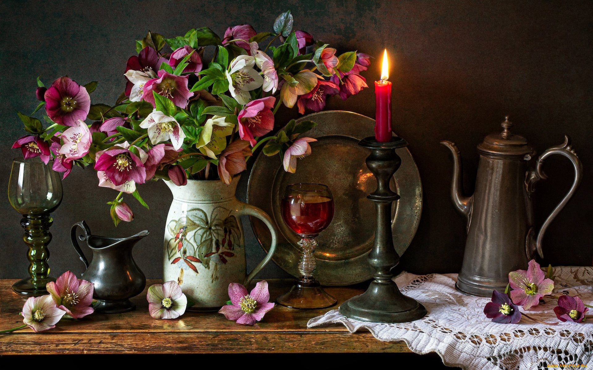 еда, натюрморт, свеча, вино, геллеборус, букет