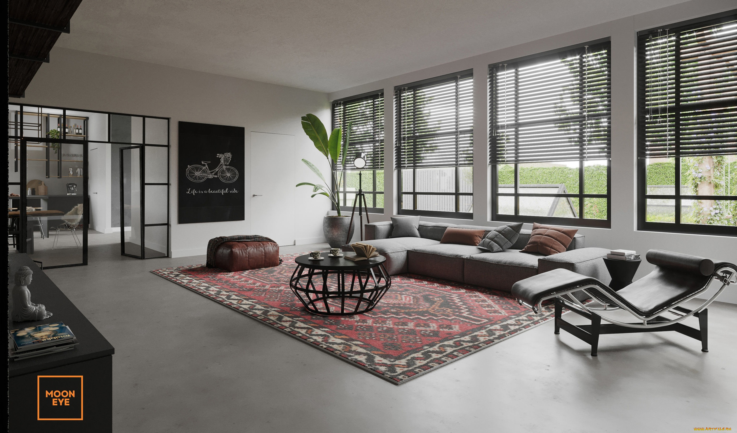 интерьер, гостиная, окна, жалюзи, кресло, диван, столик, ковер