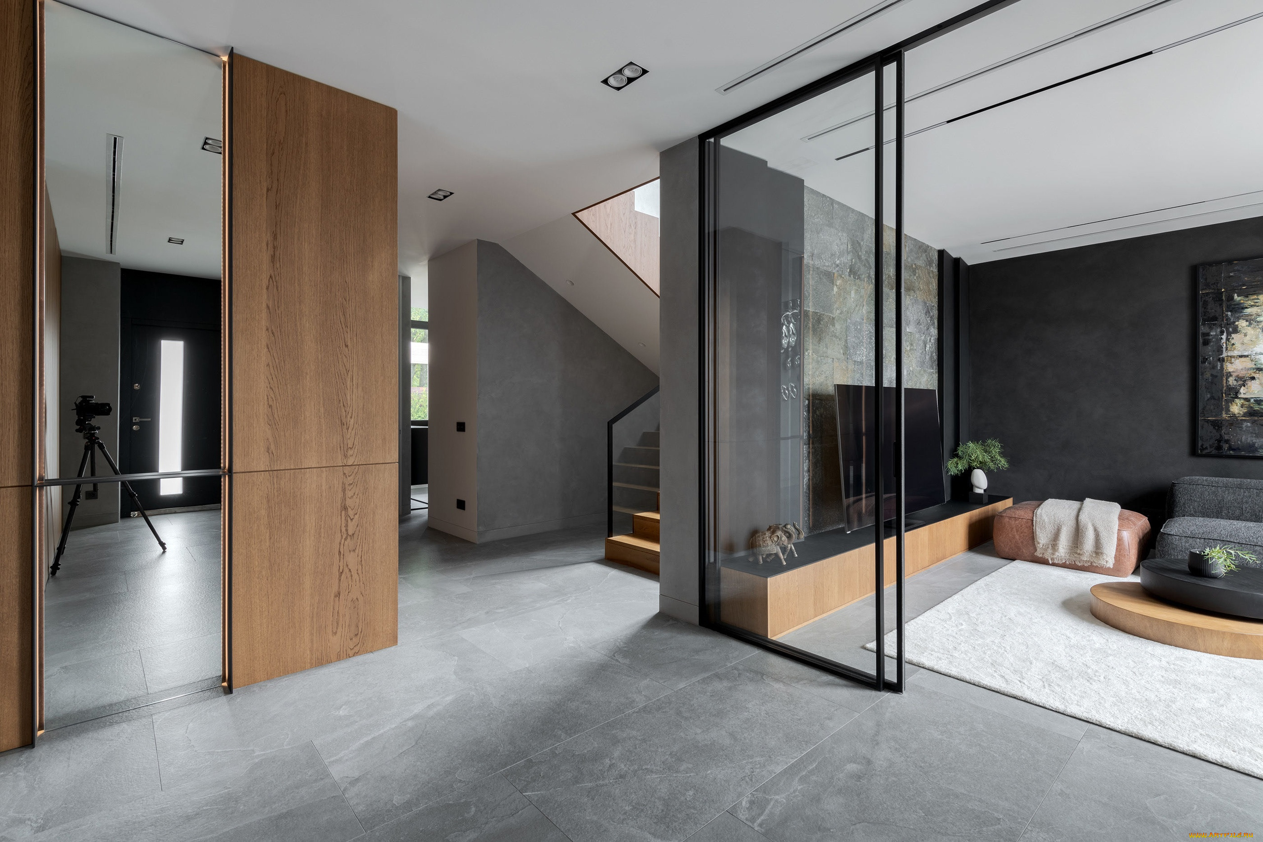 интерьер, гостиная, шкаф, зеркало, лестница, комната