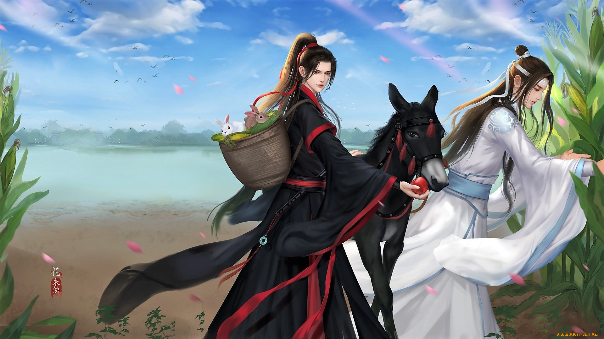 аниме, mo, dao, zu, shi, вэй, усянь, лань, ванцзы, ослик, яблоко, кролики, корзина