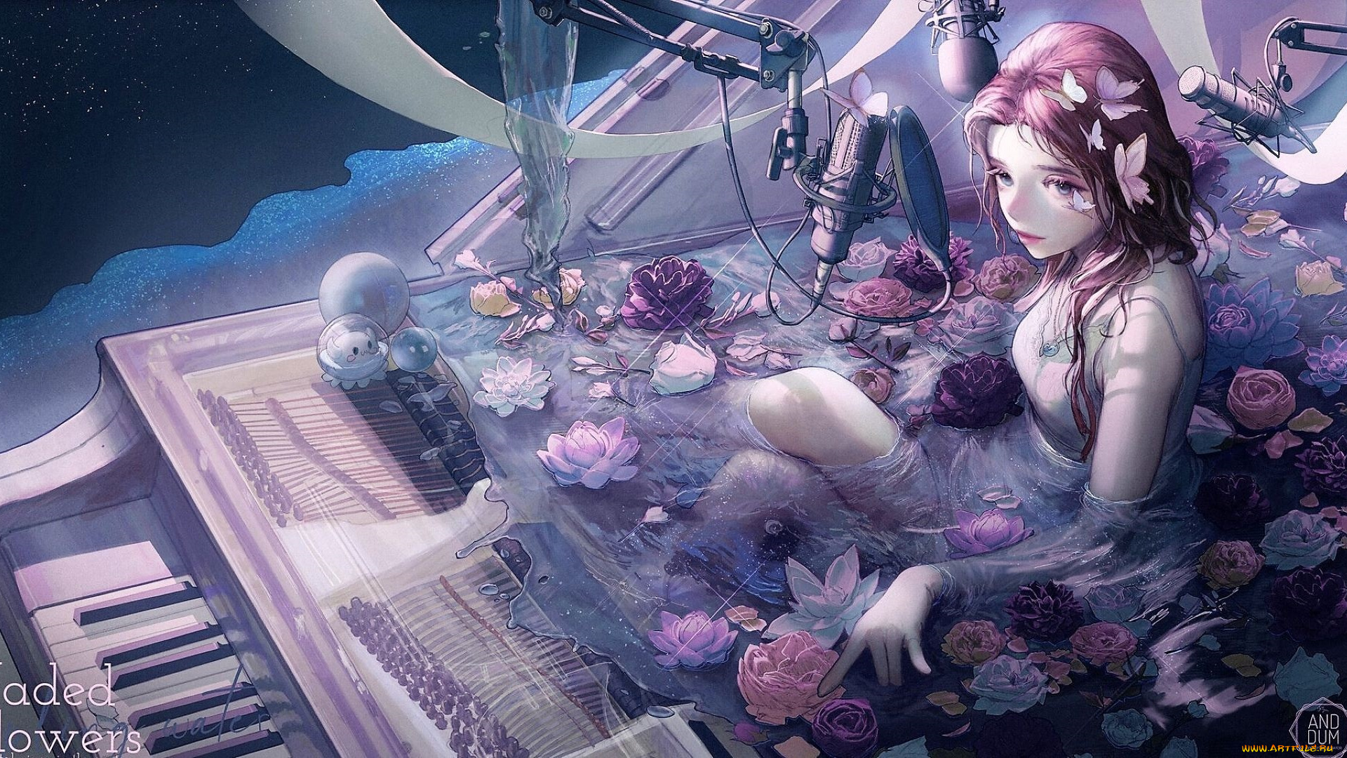 аниме, музыка, девушка, цветы, вода, пианино, микрофон