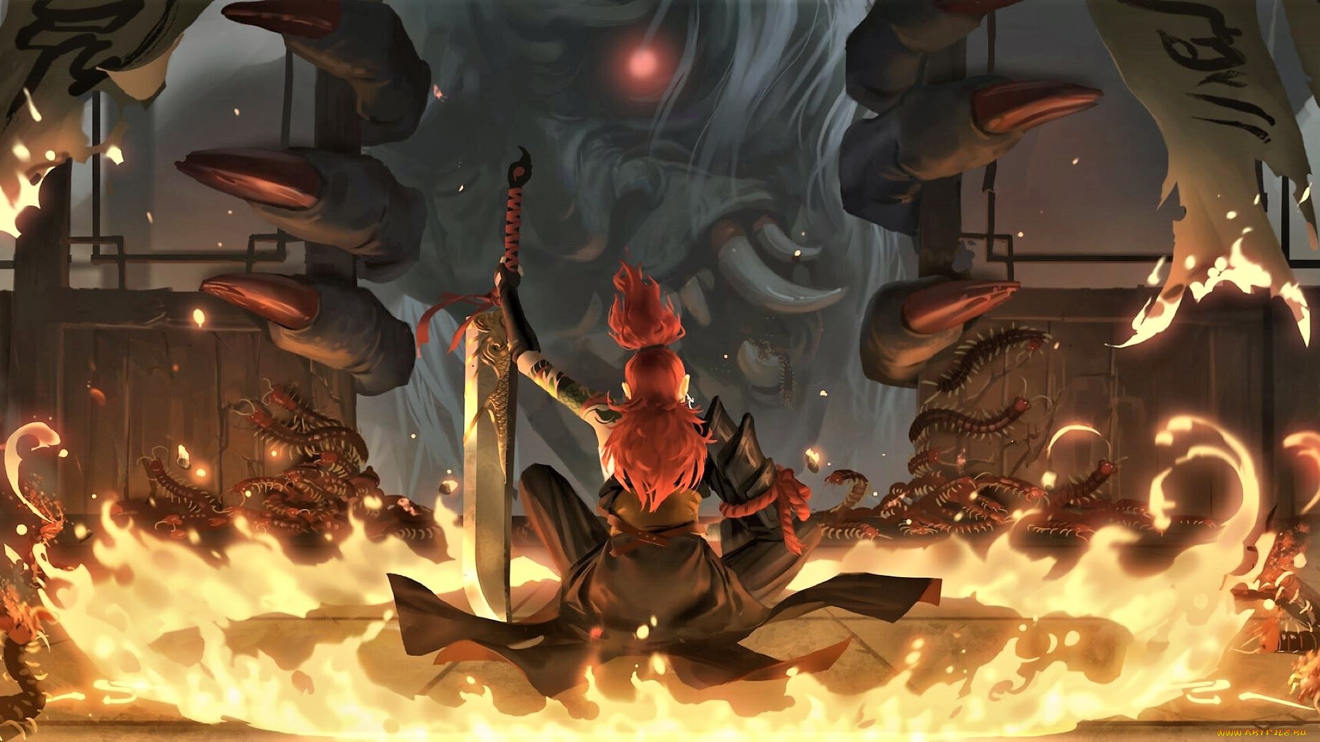 фэнтези, красавицы, и, чудовища, девушка, меч, огонь, магия, монстр, двери