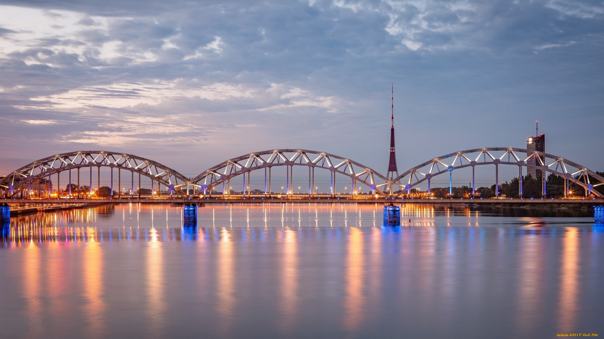 города, рига, , латвия, река, мост, вечер, огни