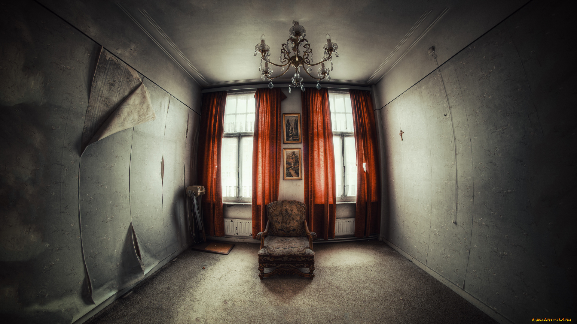 интерьер, гостиная, окно, шторы, люстра, кресло