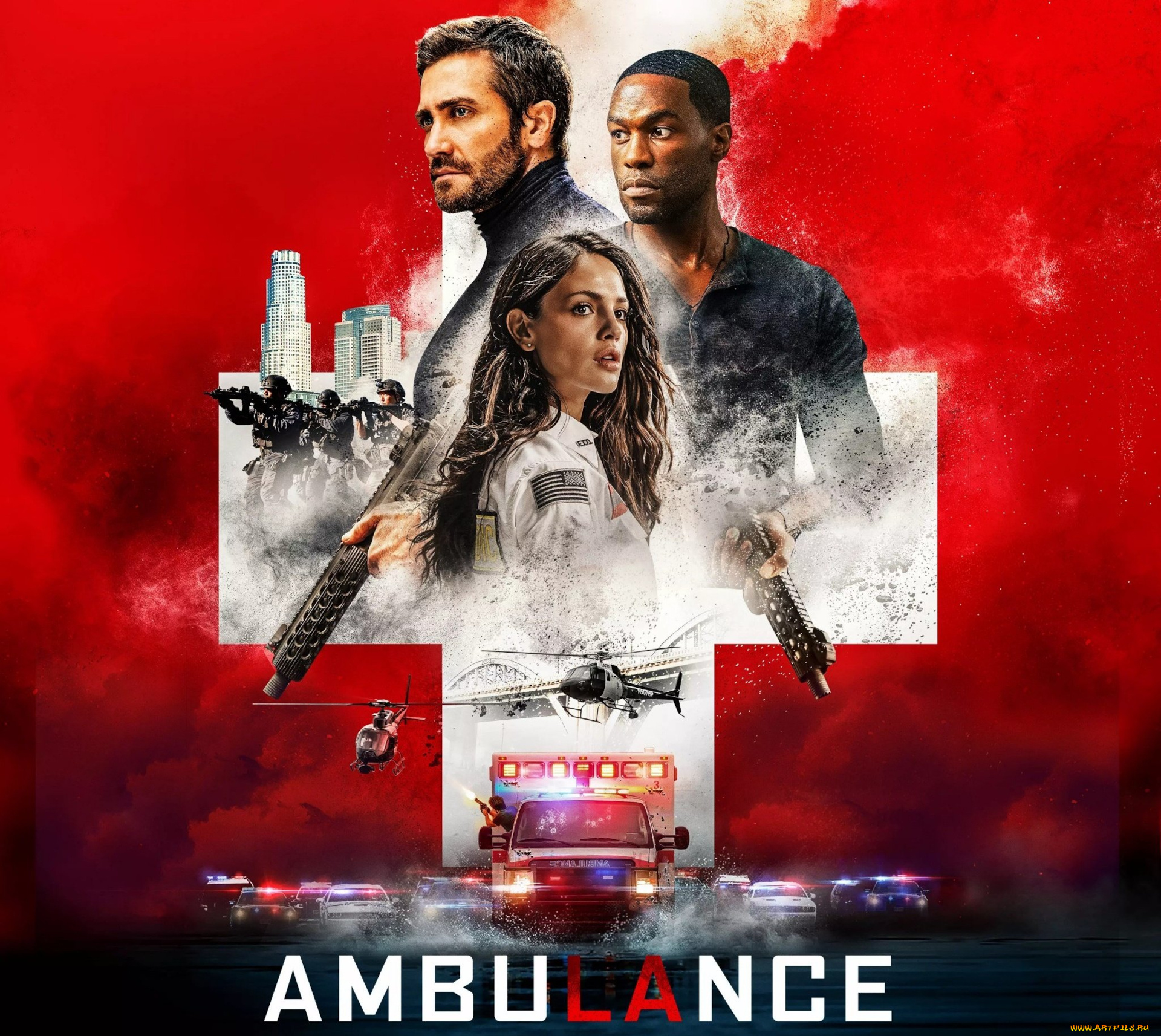 ambulance, ||, 2022, кино, фильмы, ambulance, jake, gyllenhaal, yahya, abdul, mateen, eiza, gonzalez, скорая, постер, боевик, криминал, триллер, джейк, джилленхол, эйса, гонсалес