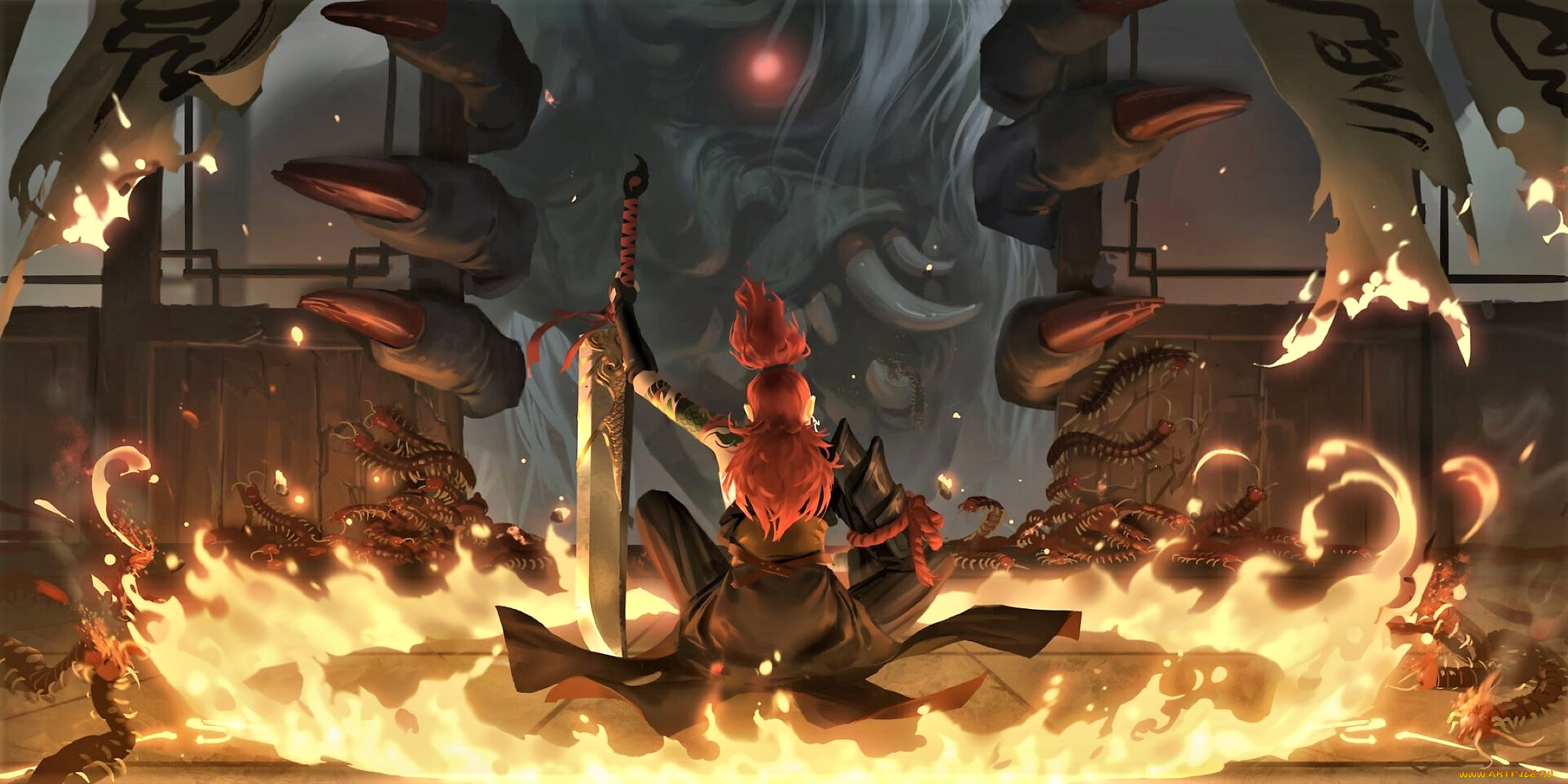 фэнтези, красавицы, и, чудовища, девушка, меч, огонь, магия, монстр, двери