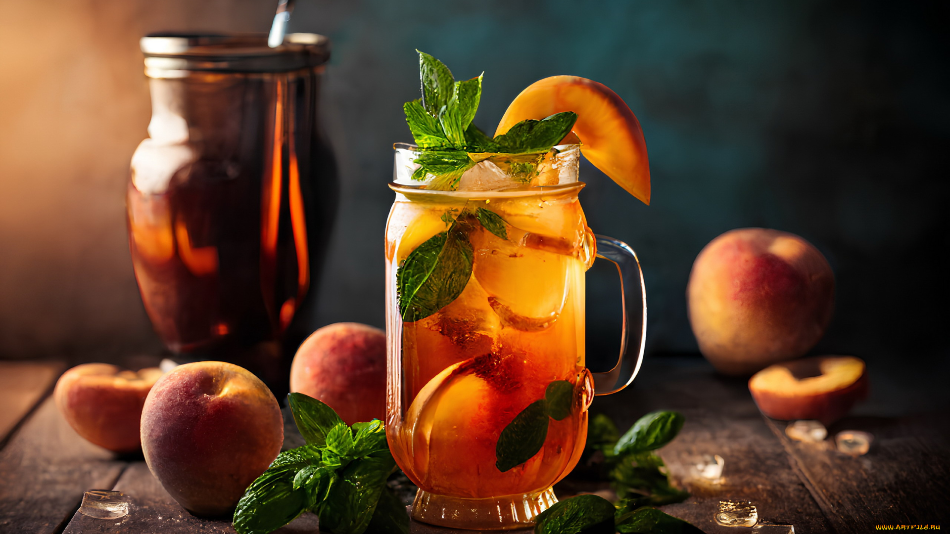 еда, напитки, мята, персики, компот