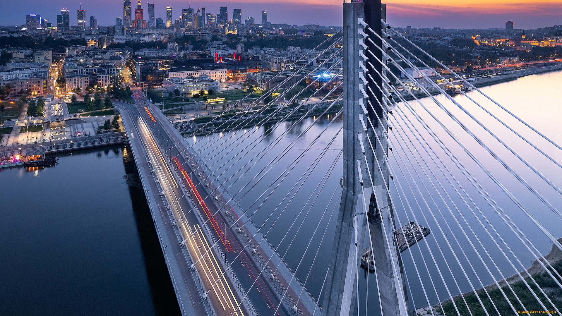 города, варшава, , польша, река, мост, вечер, огни