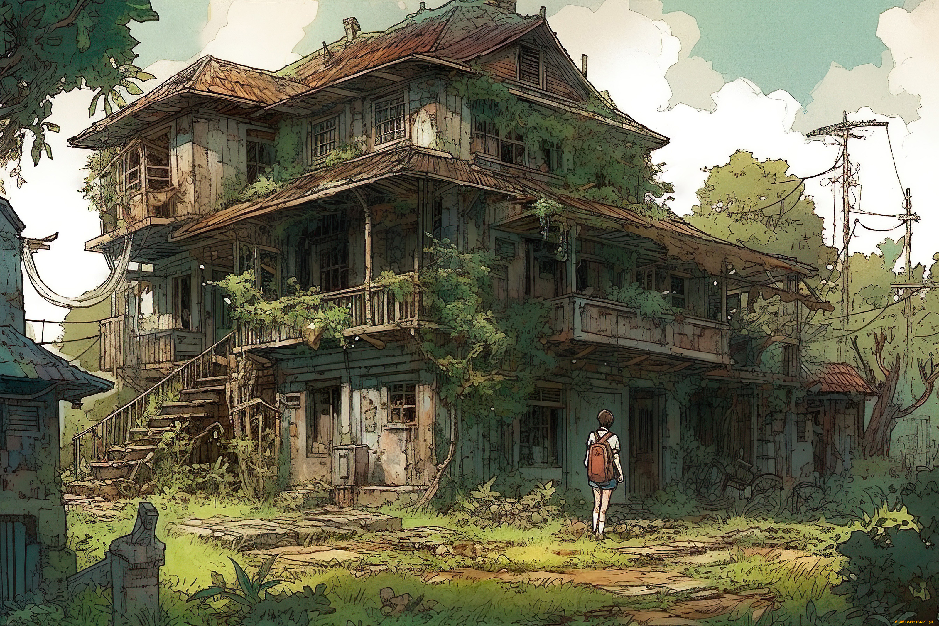 аниме, город, , улицы, , интерьер, , здания, старый, заросший, дом
