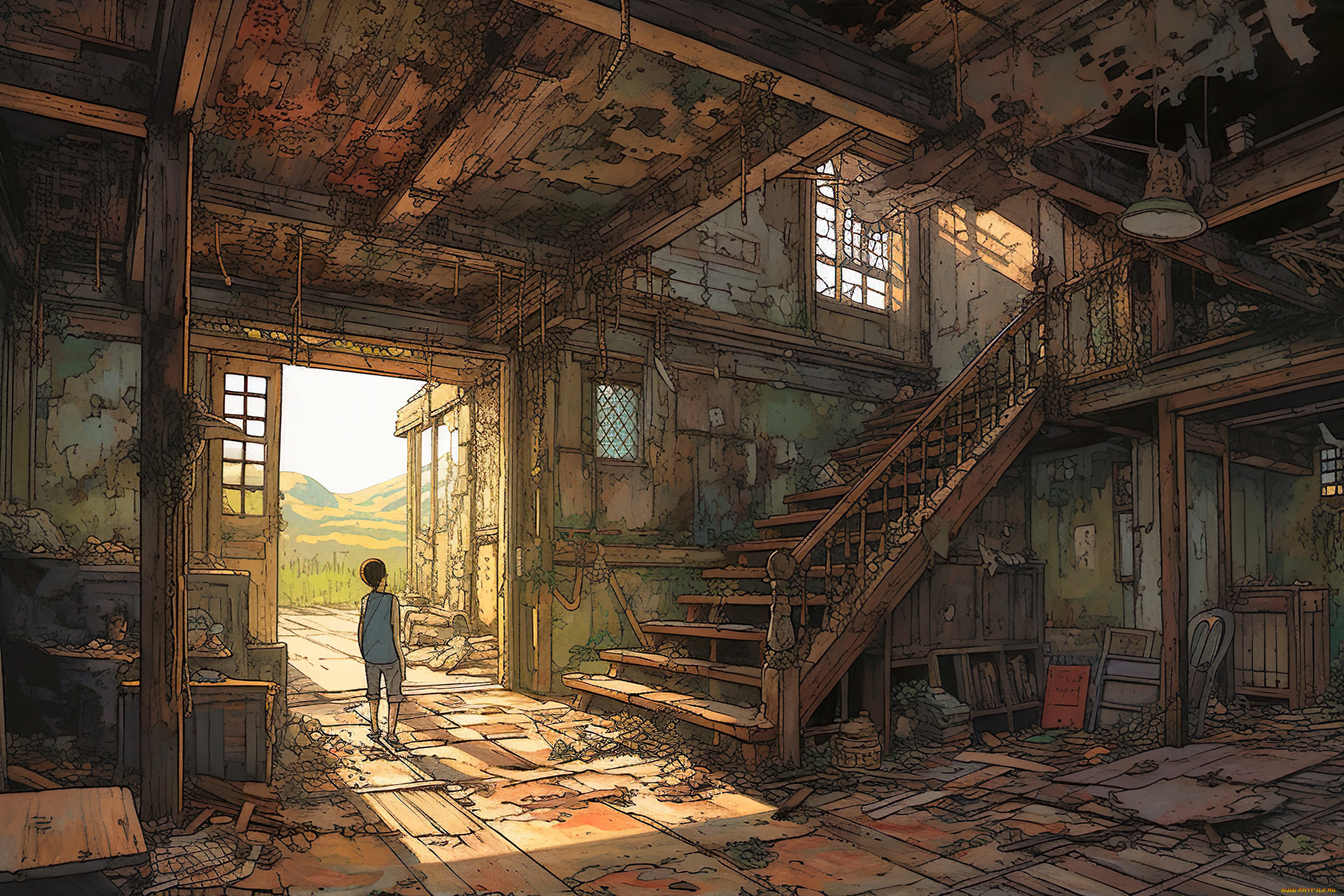 аниме, город, , улицы, , интерьер, , здания, старый, заросший, дом