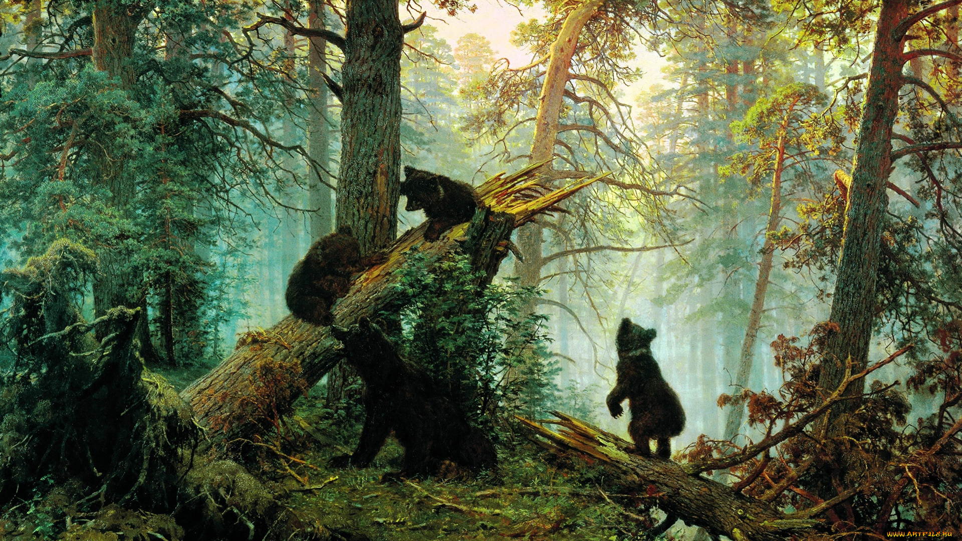 утро, в, сосновом, бору, рисованное, иван, шишкин, лес, бревно, медведи