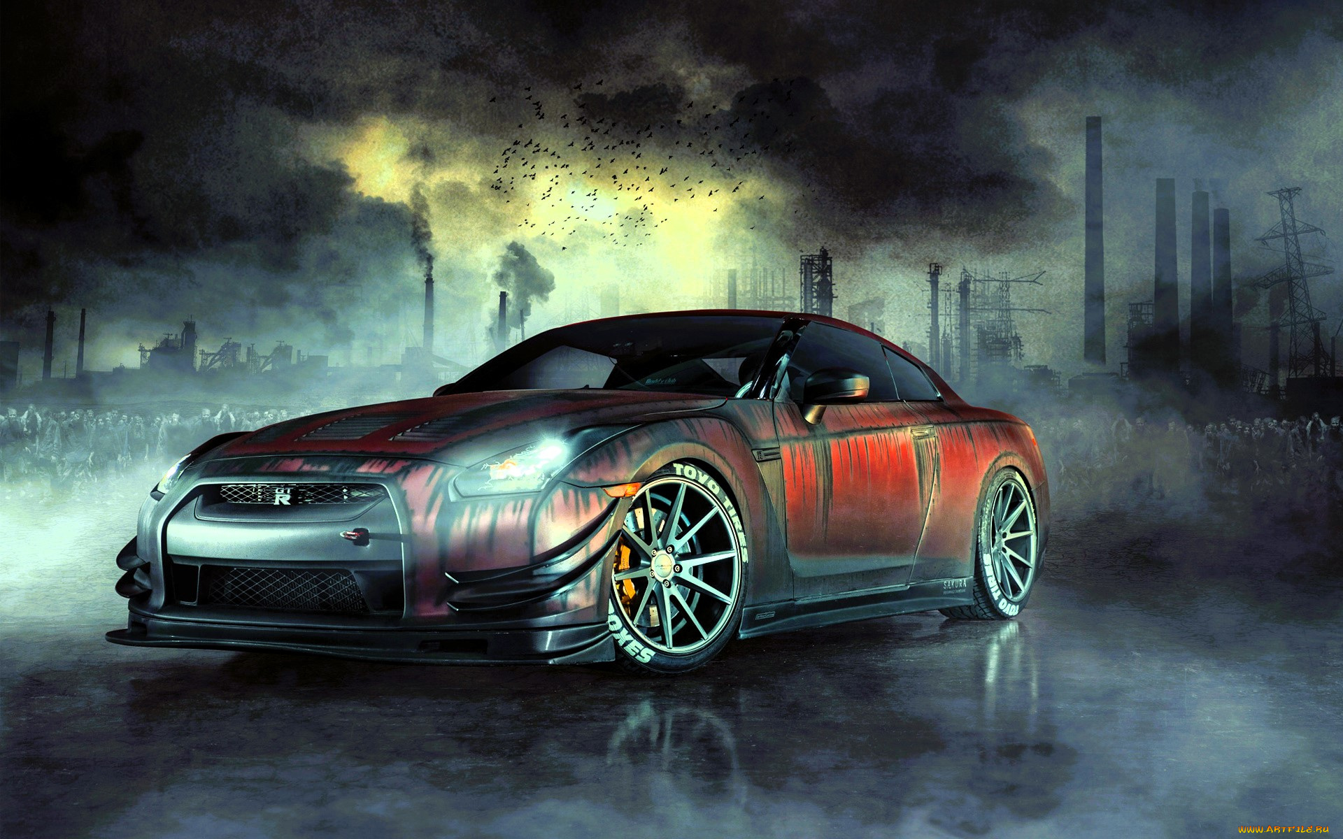 рисованное, авто, мото, nissan, gt-r, завод, птицы, дым, трубы