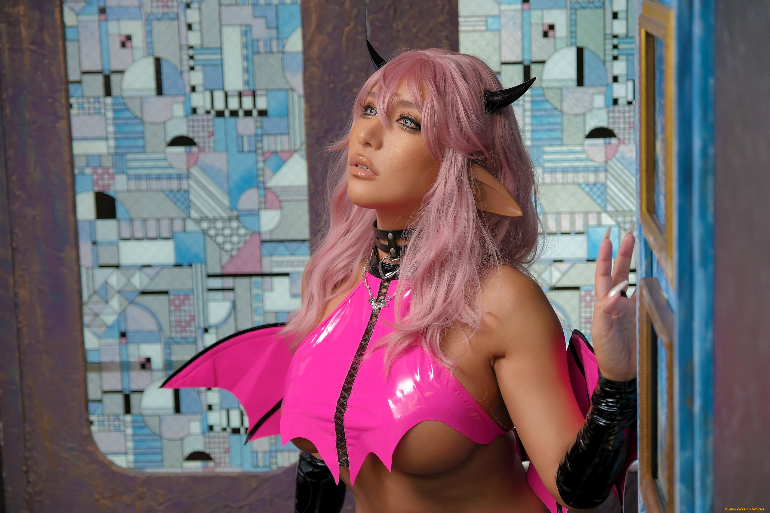 девушки, nonsummerjack, образ, косплей, рога, латекс