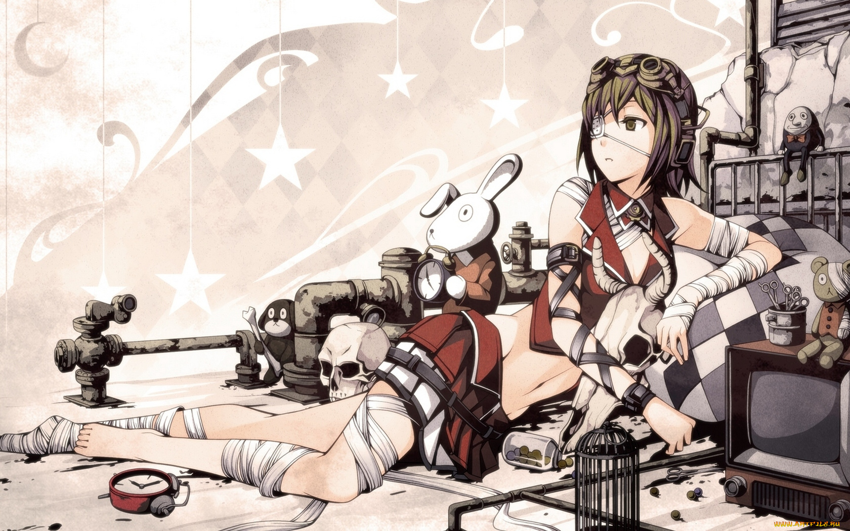 аниме, vocaloid, зелёные, волосы, короткие, юбка, пупок, черные, глаза, босиком, повязка, на, глаз, бинты, череп