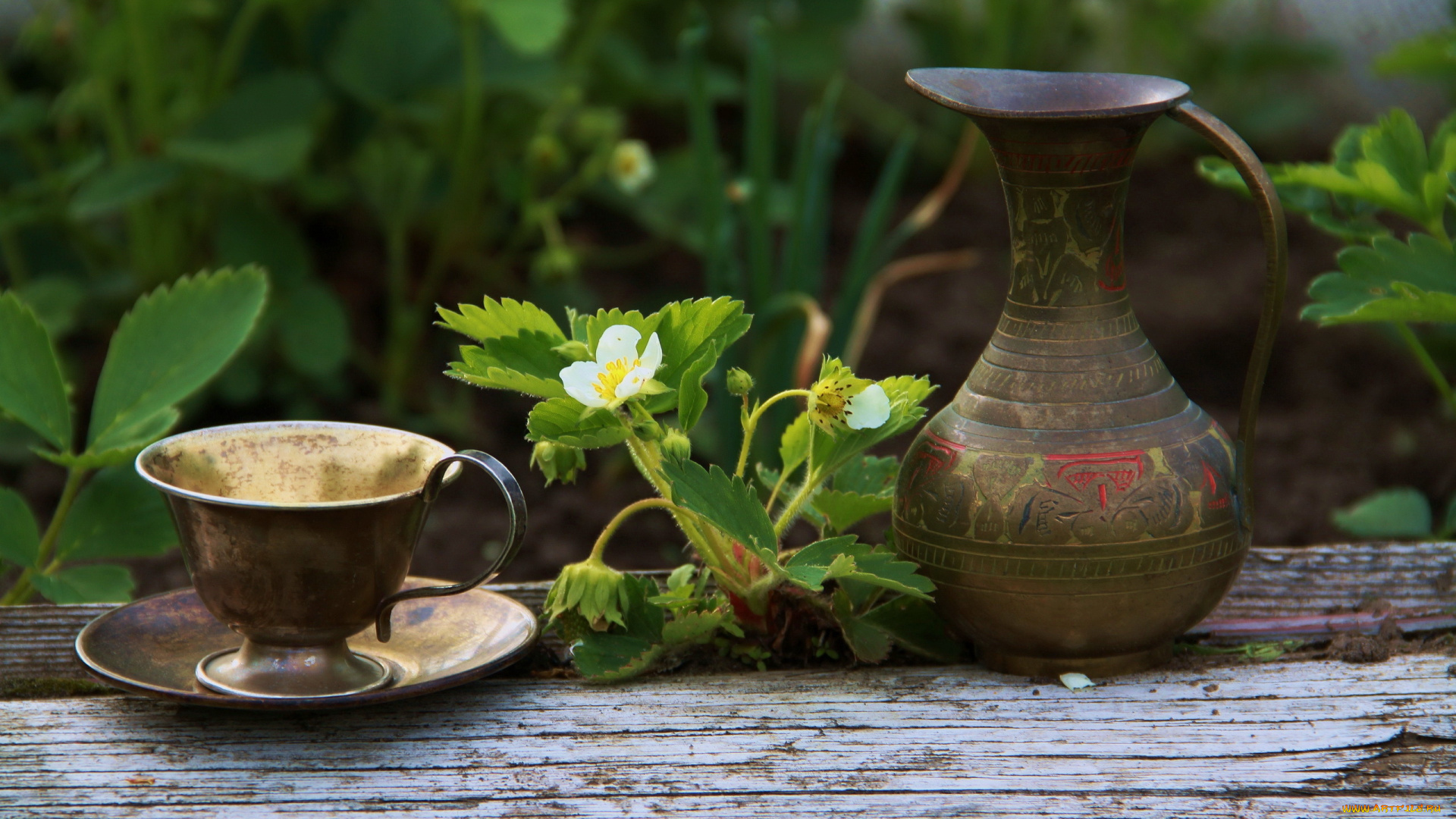 разное, посуда, столовые, приборы, кухонная, утварь, натюрморт, клубника, кувшин, чашка