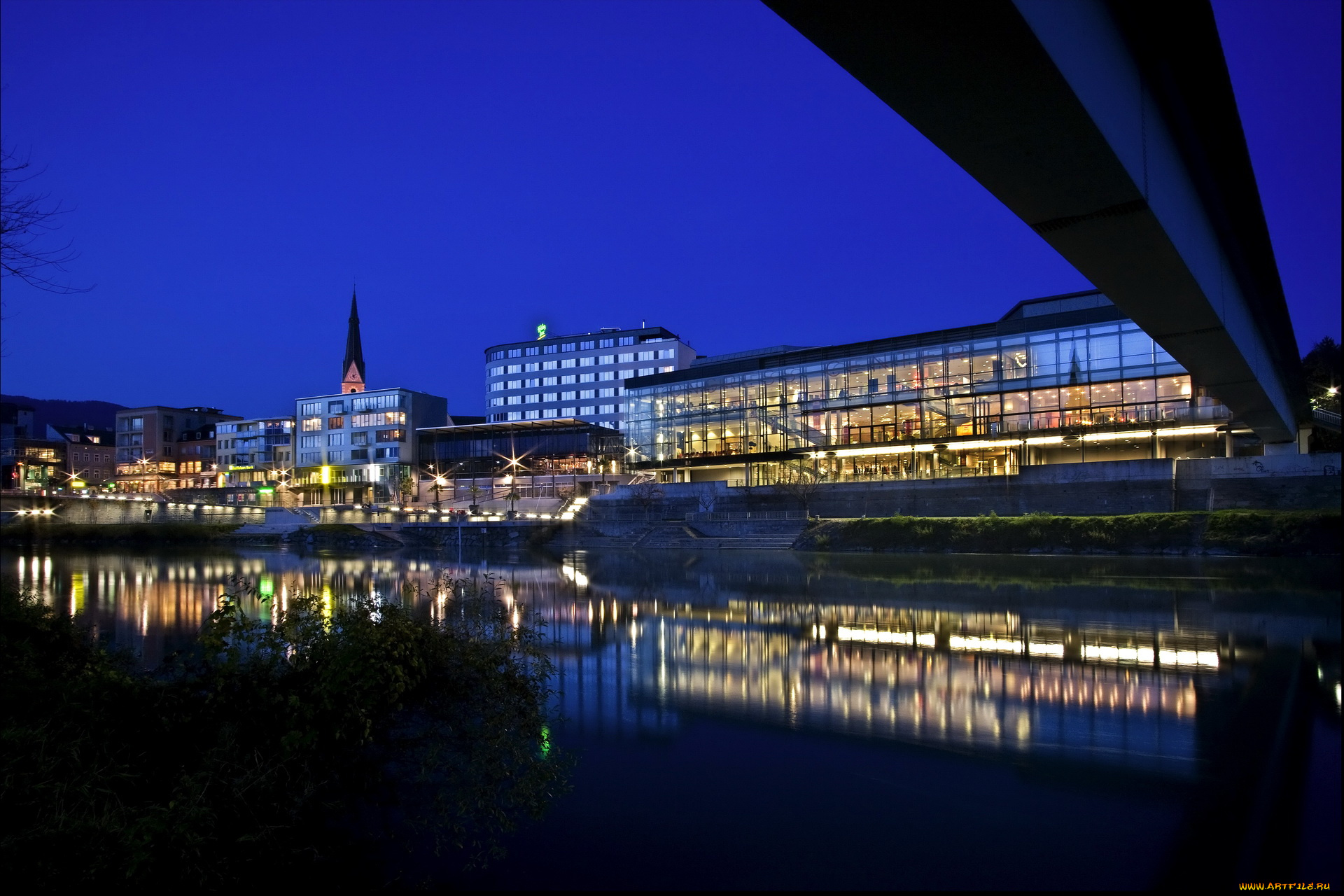 villach, австрия, города, огни, ночного, ночь, набережная