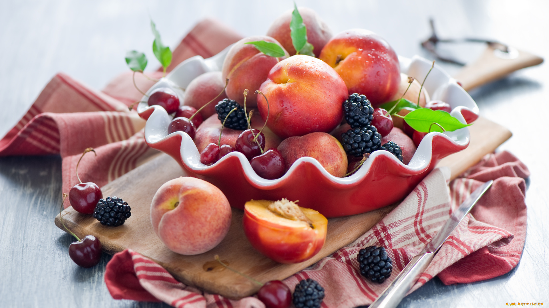 еда, фрукты, ягоды, нектарины, ежевика, черешня