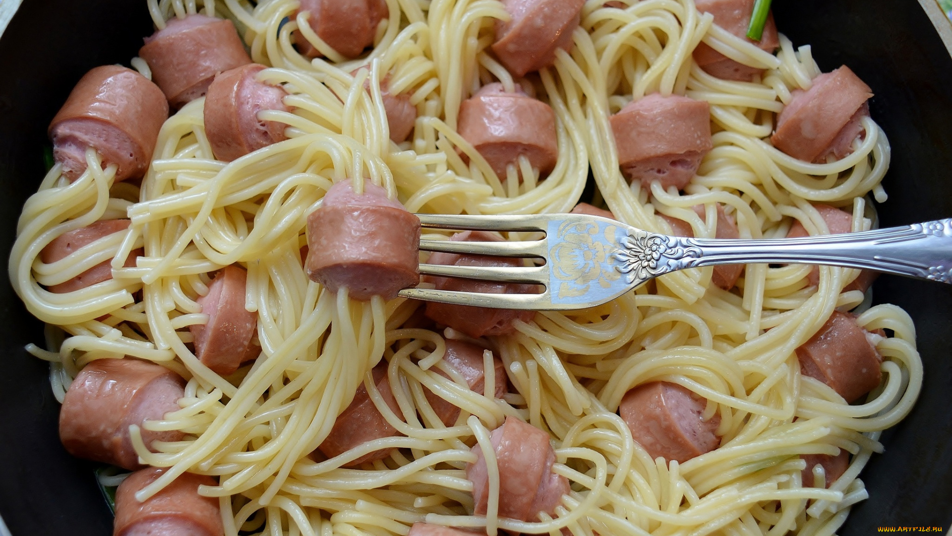 еда, макаронные, блюда, спагетти, сосиски, макароны