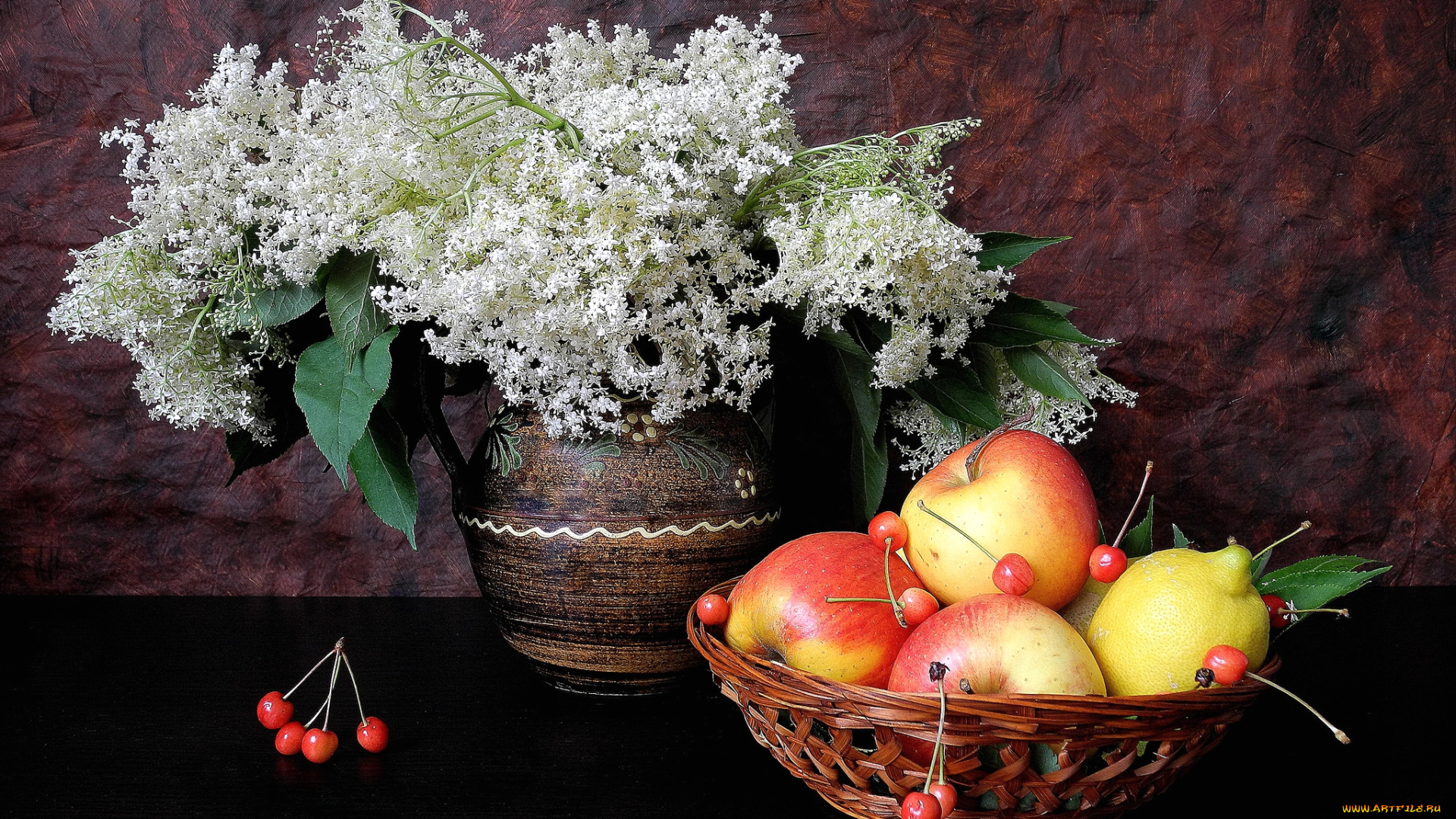 еда, натюрморт, бузина, яблоки, лимон, черешня