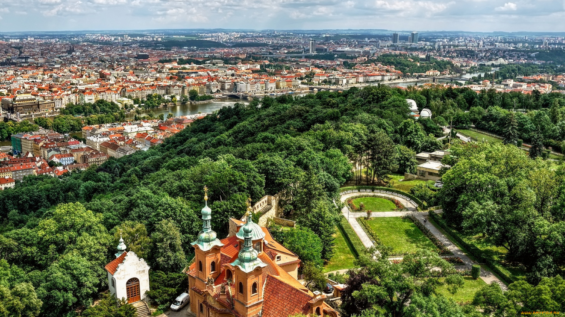 города, прага, Чехия, церковь, вид, с, верху