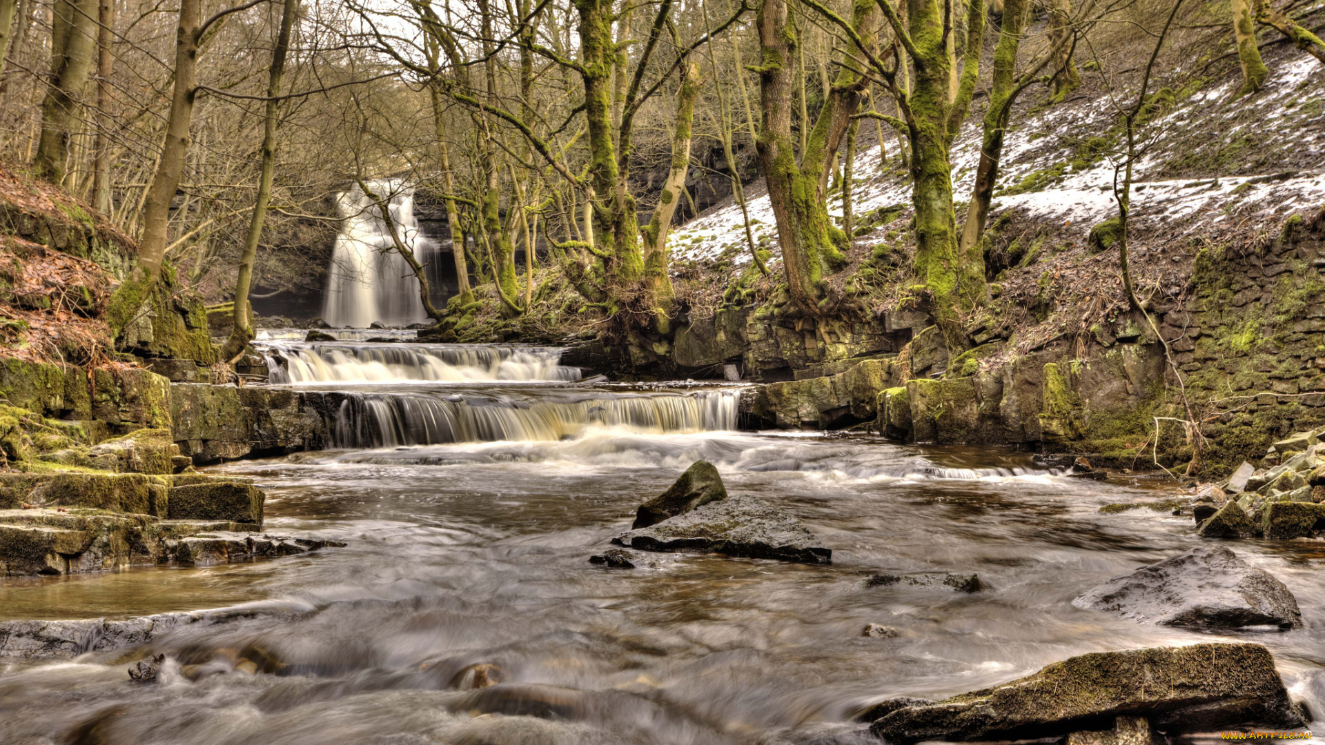 природа, водопады, лес, зима, река, водопад, каскад, камни