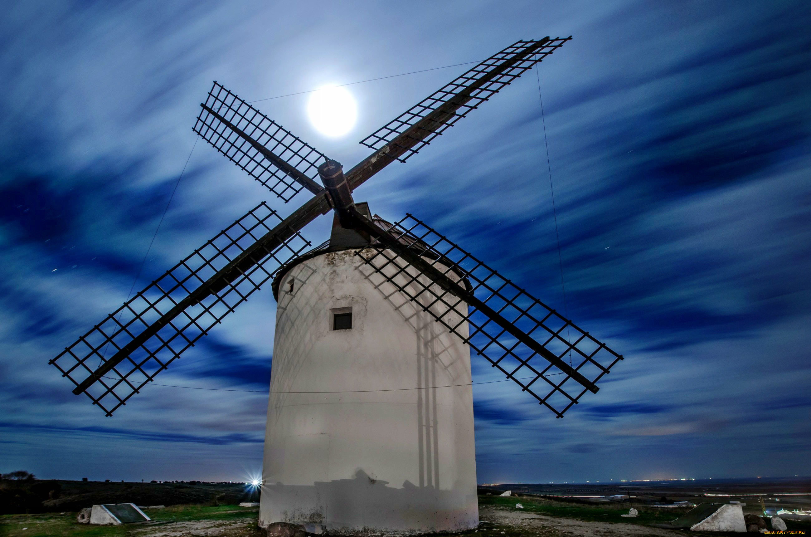 разное, мельницы, тучи, луна, ночь, мельница