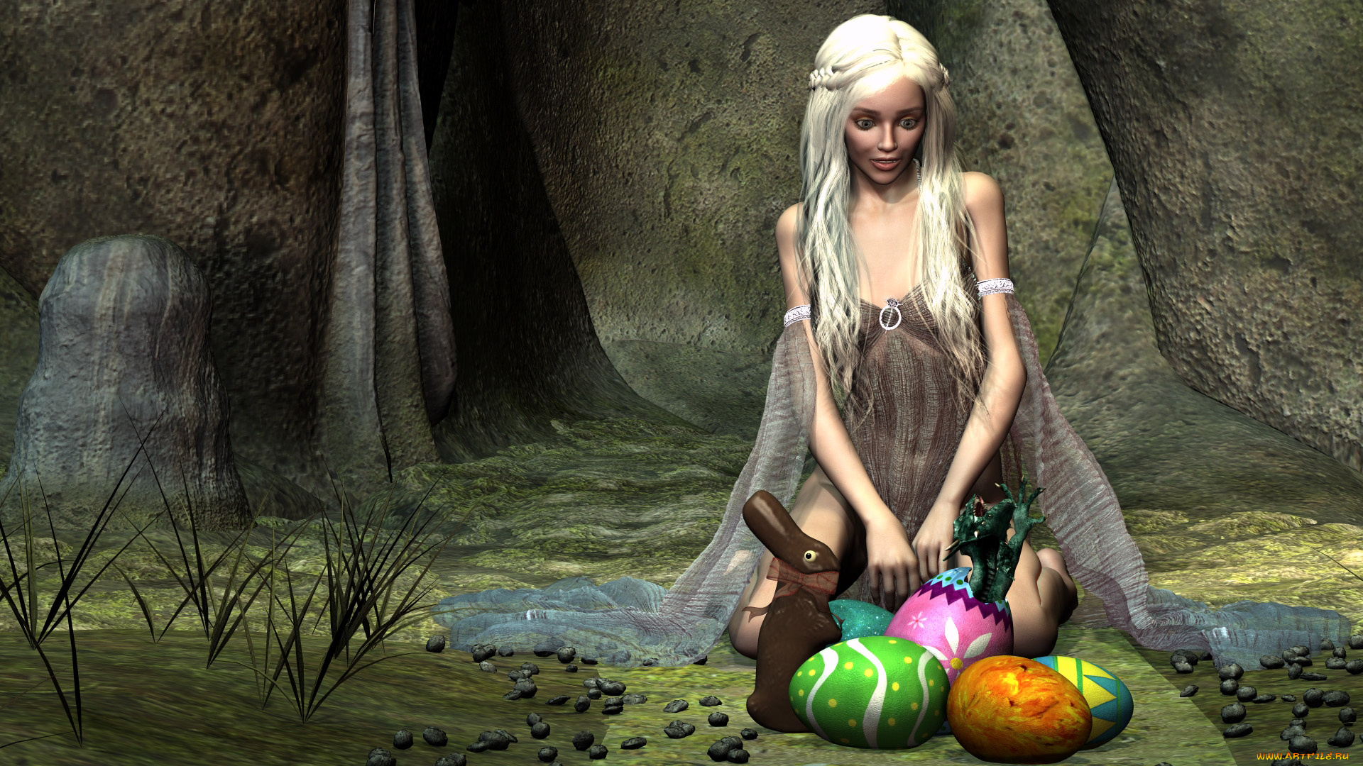 3д, графика, holidays, , праздники, девушка, взгляд, шоколадный, кролик, яйца