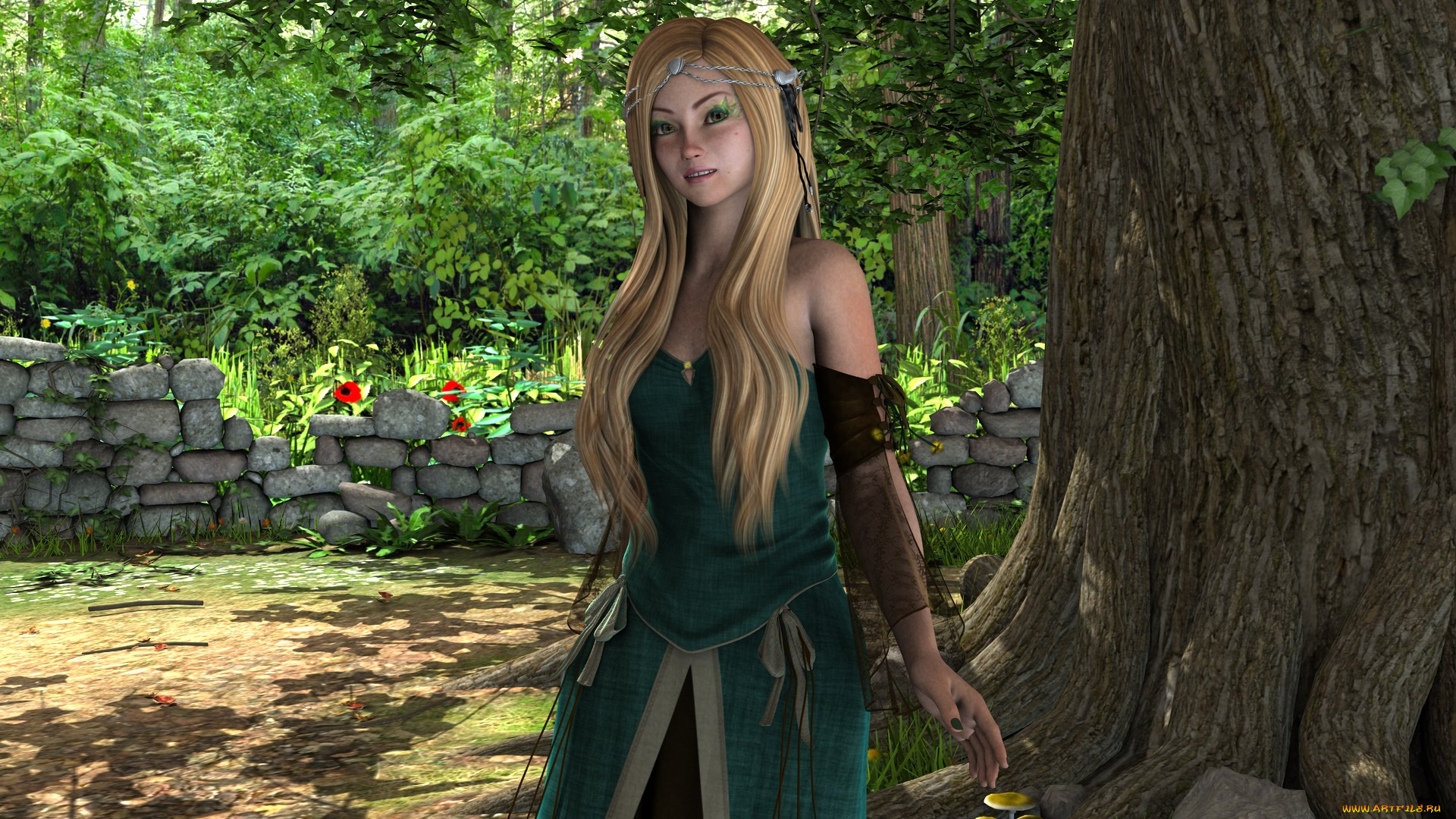 3д, графика, people, , люди, дерево, блондинка, девушка, взгляд