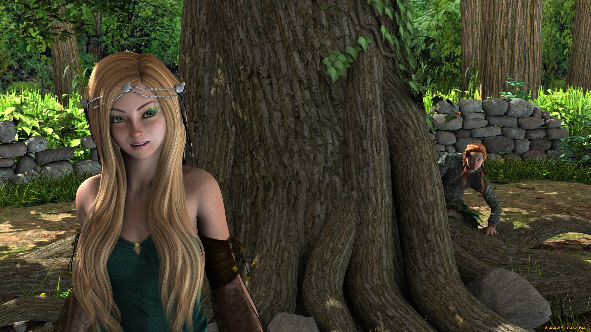 3д, графика, people, , люди, дерево, блондинка, девушка, взгляд