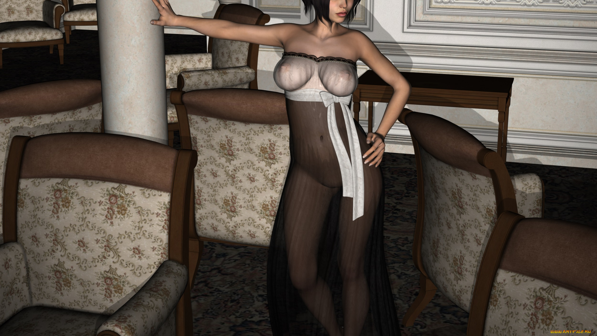 3д, графика, people, , люди, девушка, стулья, взгляд