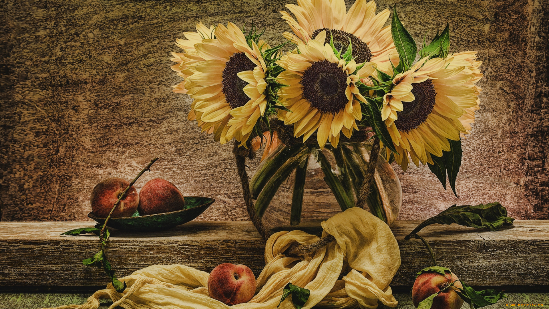 цветы, подсолнухи, персики, букет