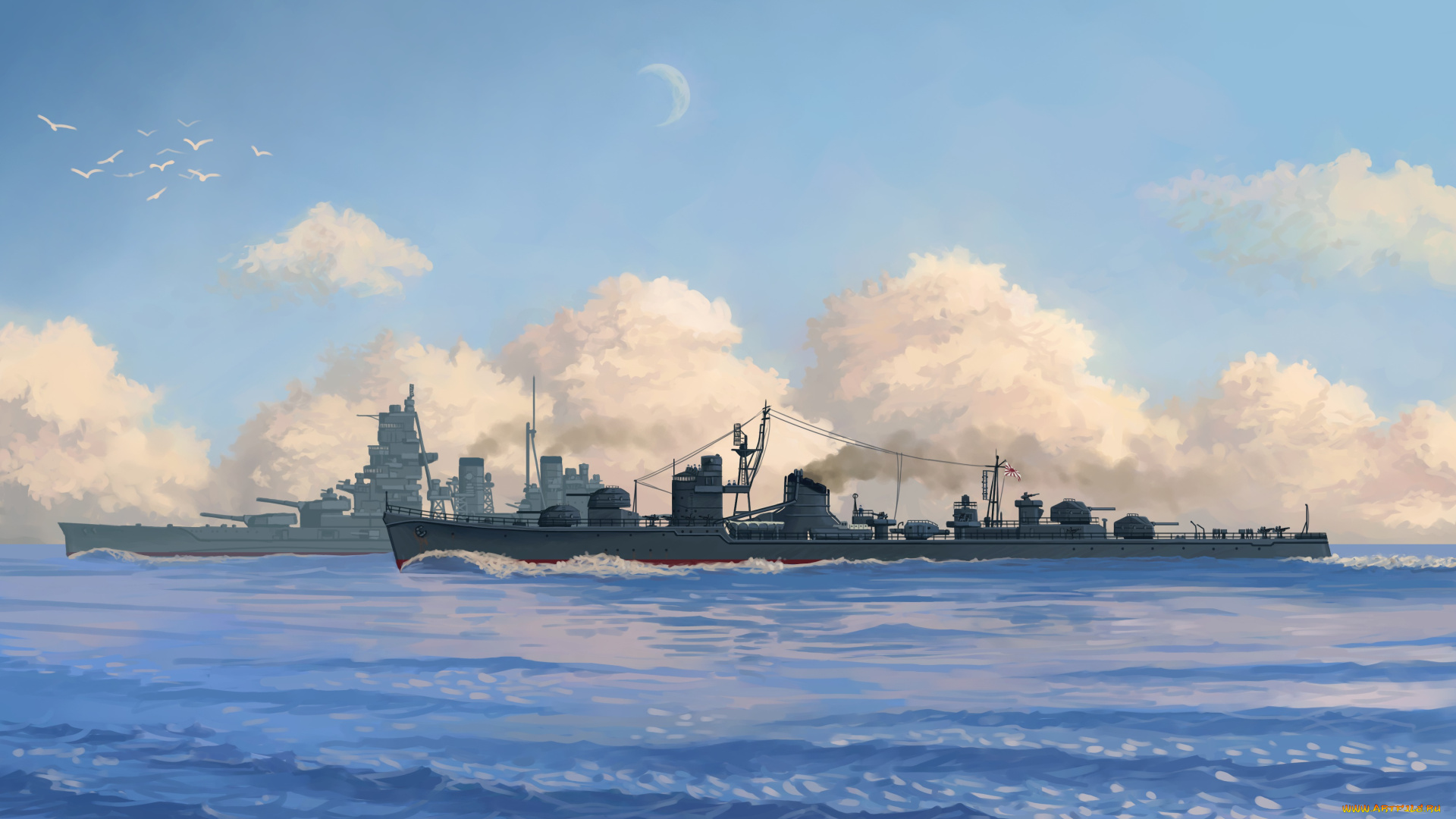 корабли, рисованные, птицы, облака, море, плавание