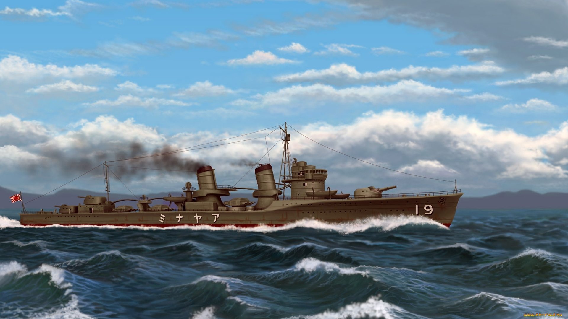 корабли, рисованные, волны, облака, дым, иероглифы