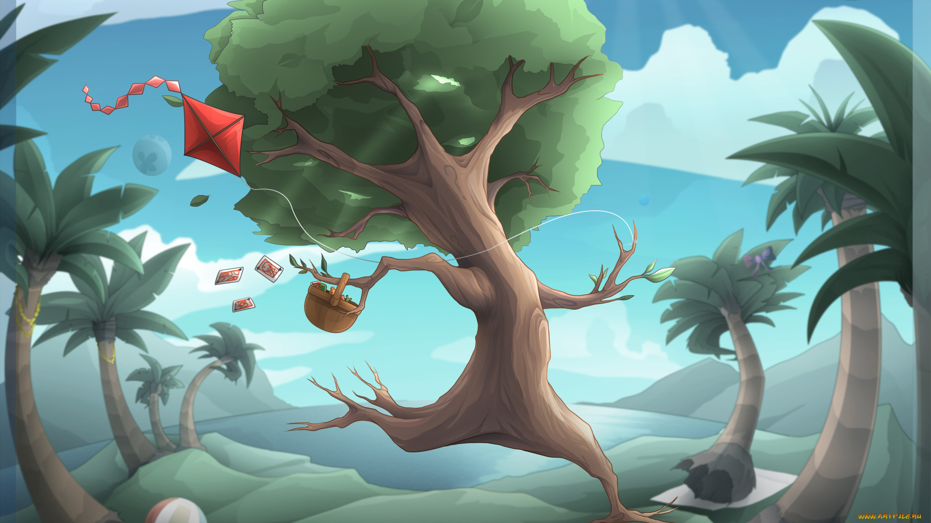 рисованные, -, другое, дерево, змей, мяч, корзина, карты, убегает