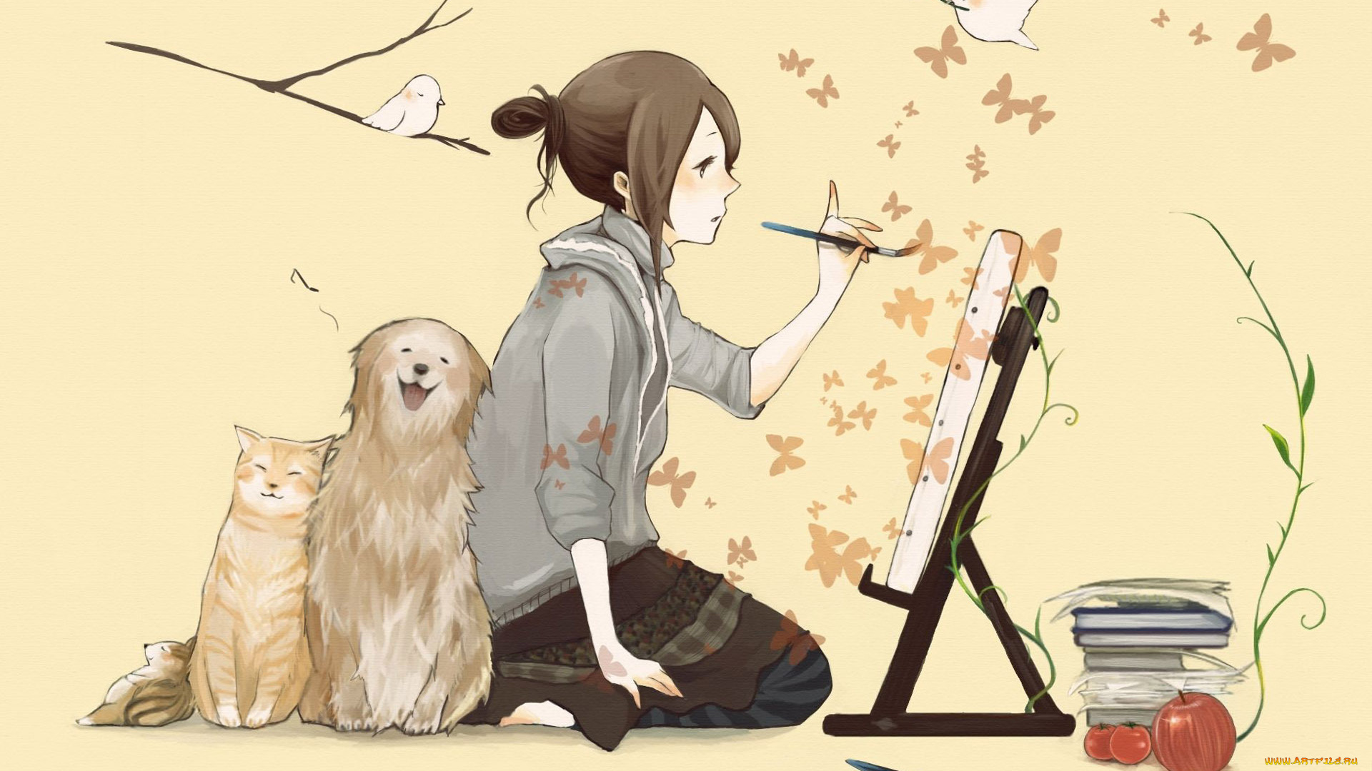 рисованные, дети, собака, кот, девушка