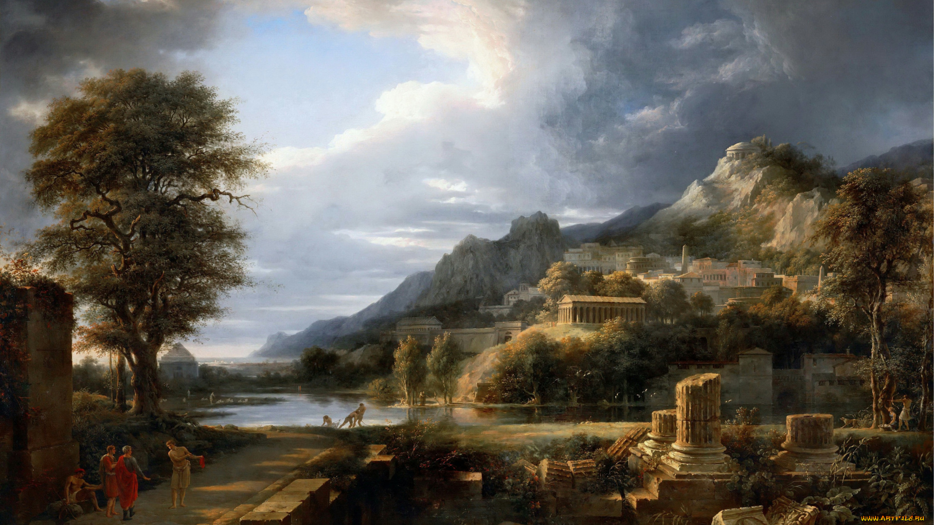 рисованные, живопись, люди, руины