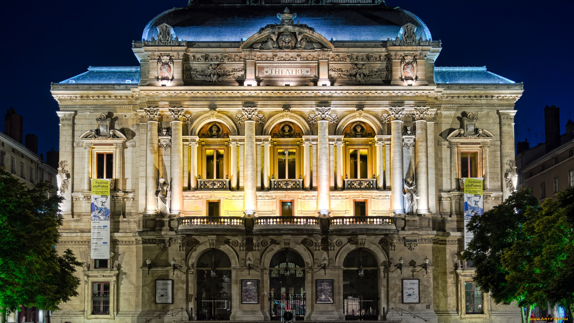 theatre, celestin, -, lyon, , france, города, -, здания, , дома, ночь, парк